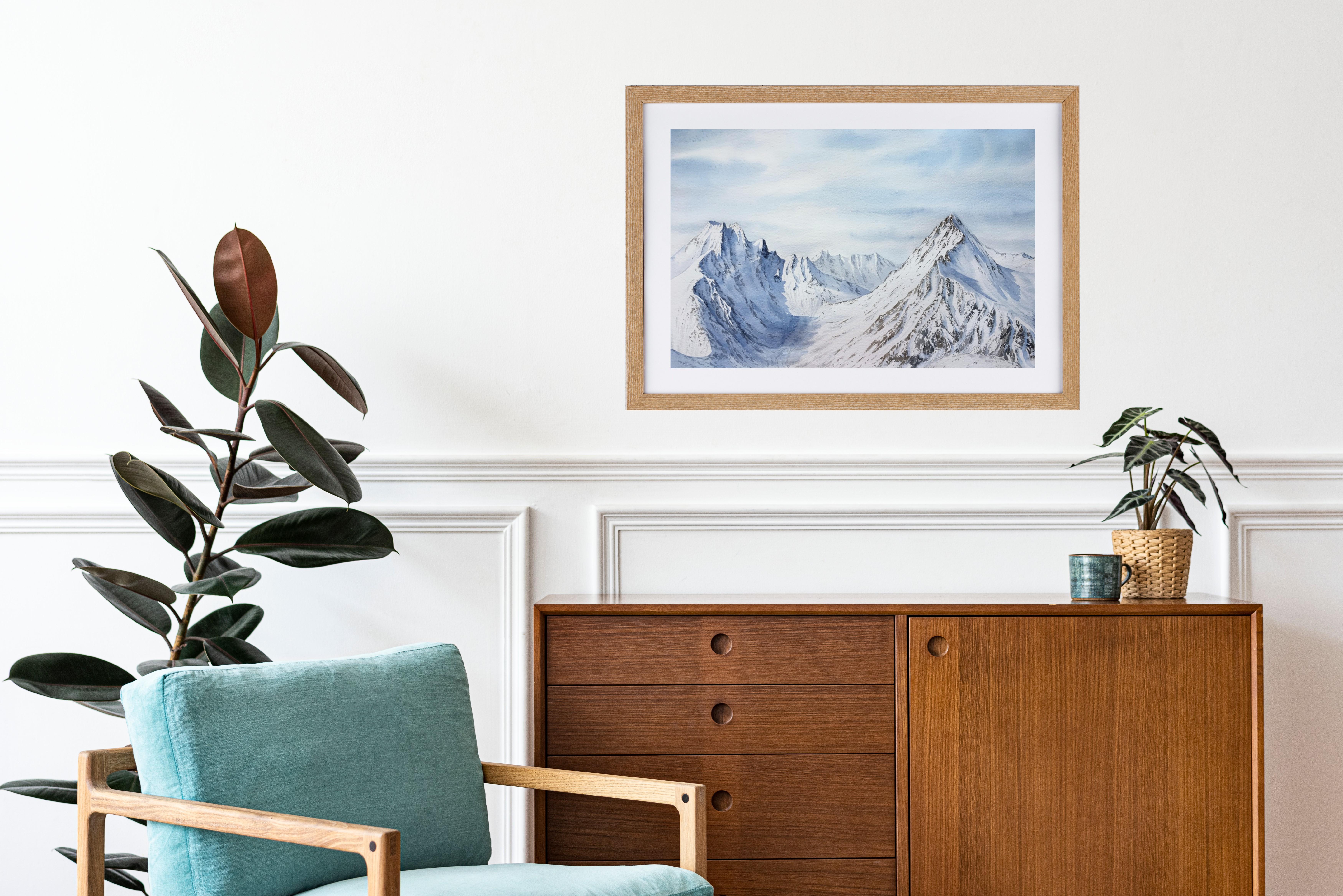 Paisaje de montaña Pintura, invierno, nieve, blanco, azul, horizontal, alpes en venta 3