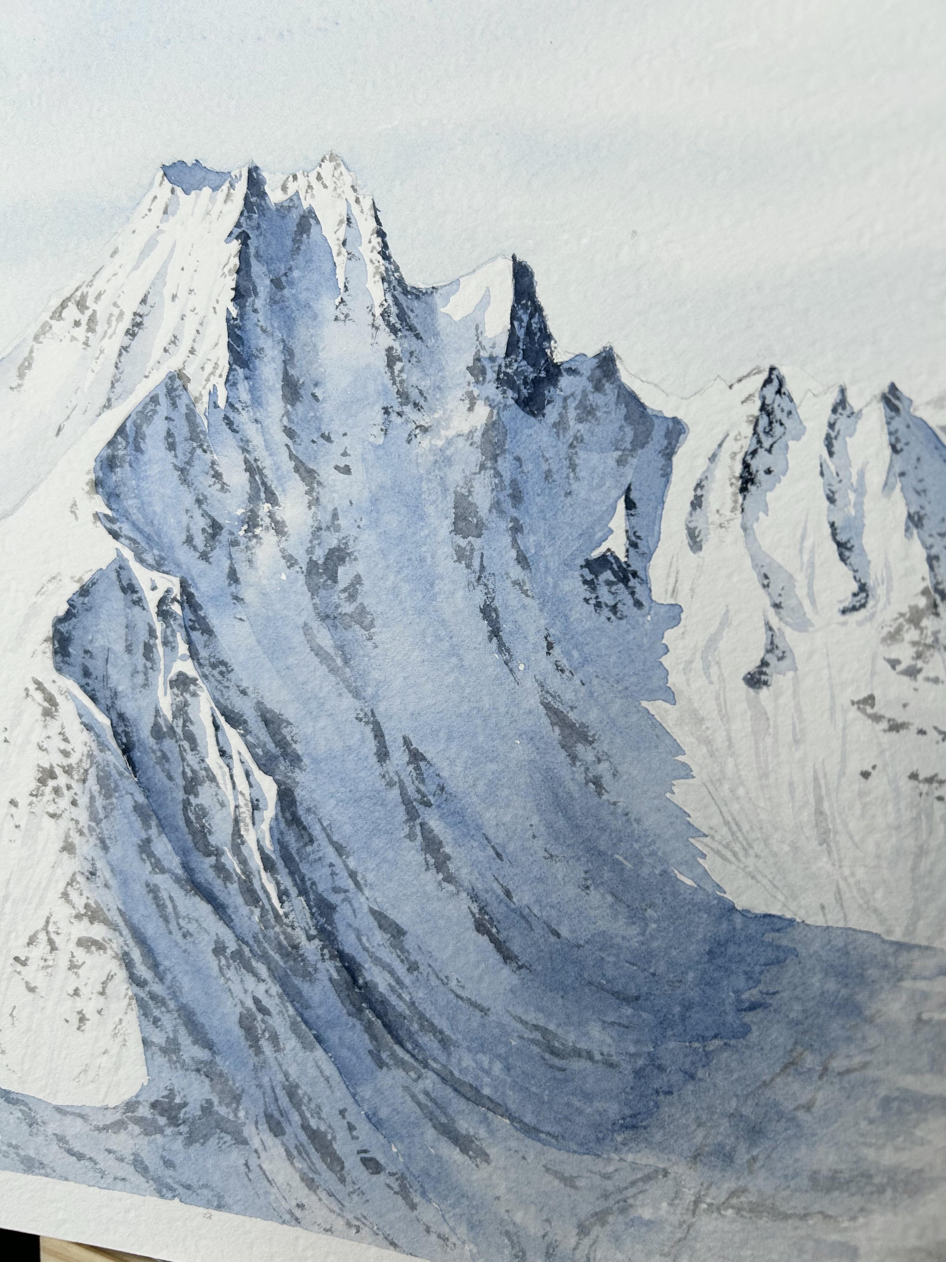 Paisaje de montaña Pintura, invierno, nieve, blanco, azul, horizontal, alpes en venta 4