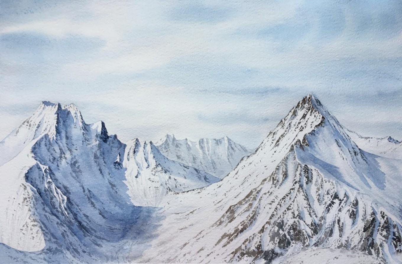 Landscape Art de Aleksandra Strokina - Paisaje de montaña Pintura, invierno, nieve, blanco, azul, horizontal, alpes