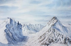 Mountain Landscape Painting, winter, snow, white, blue, horizontal, alps