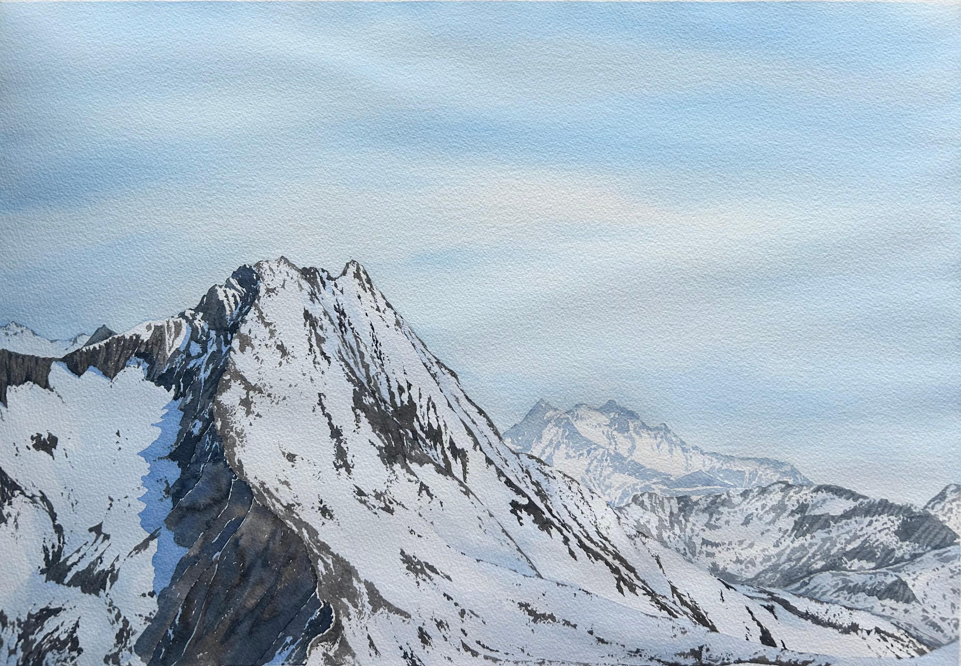 This mountain landscape painting by Aleksandra Strokina captures the serene beauty of a sunny winter day in the heart of Norwegian nature. The artwork features snow-covered peaks bathed in soft light, with fading mountains in the background creating