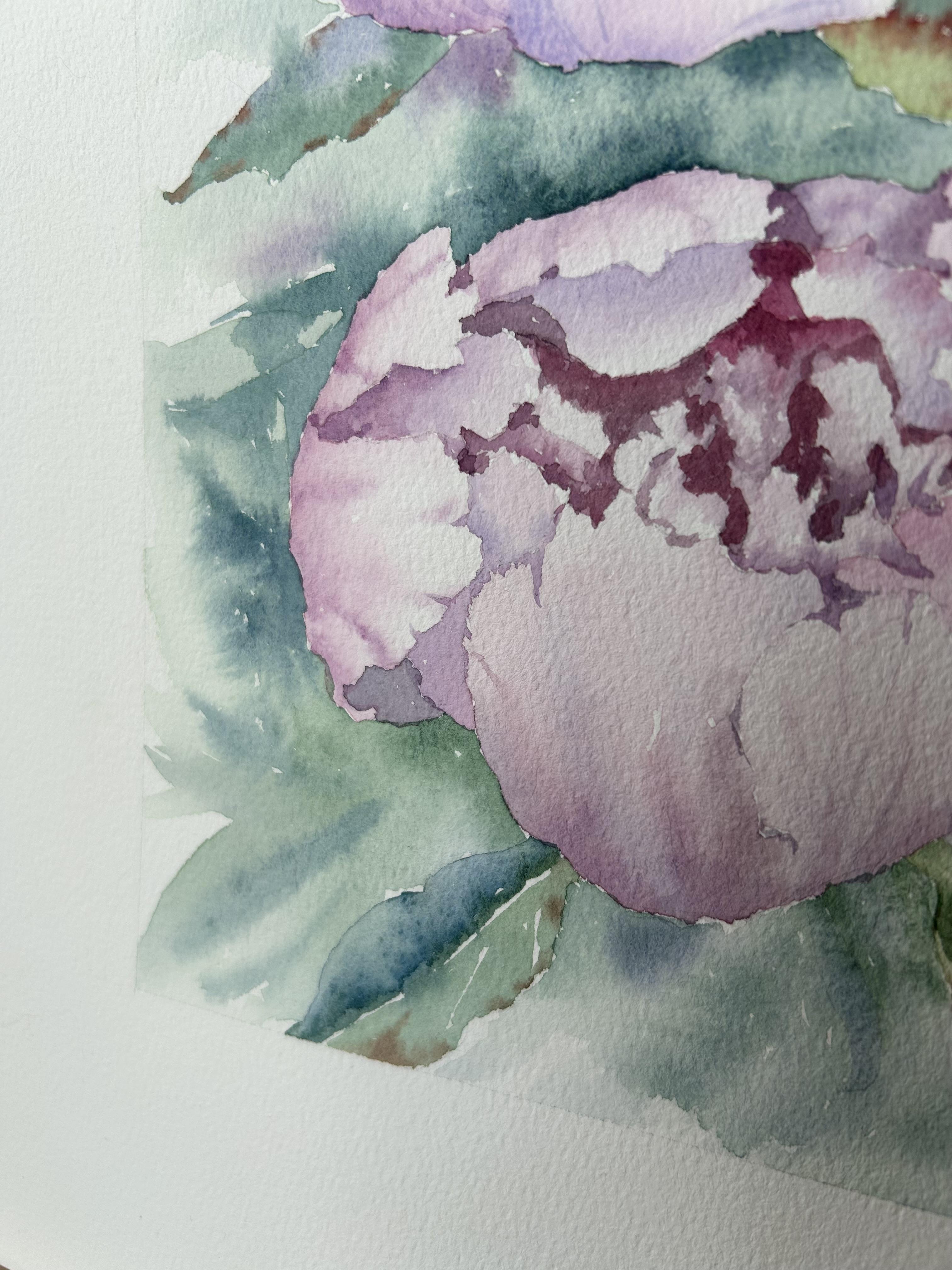 Peinture de fleurs de pivoines. Rose, vert, vertical. Paysages botaniques et floraux en vente 5