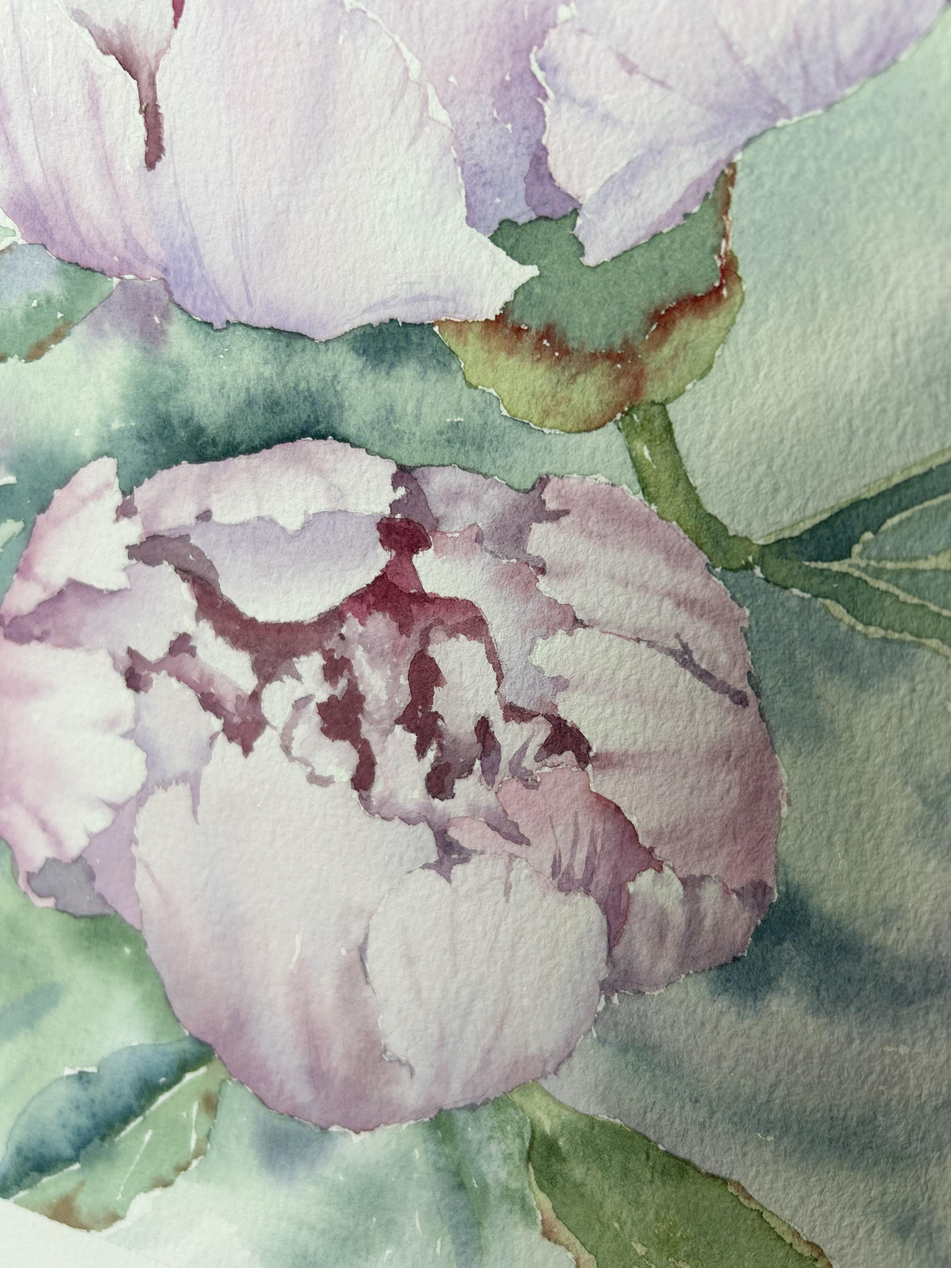 Peinture de fleurs de pivoines. Rose, vert, vertical. Paysages botaniques et floraux en vente 6