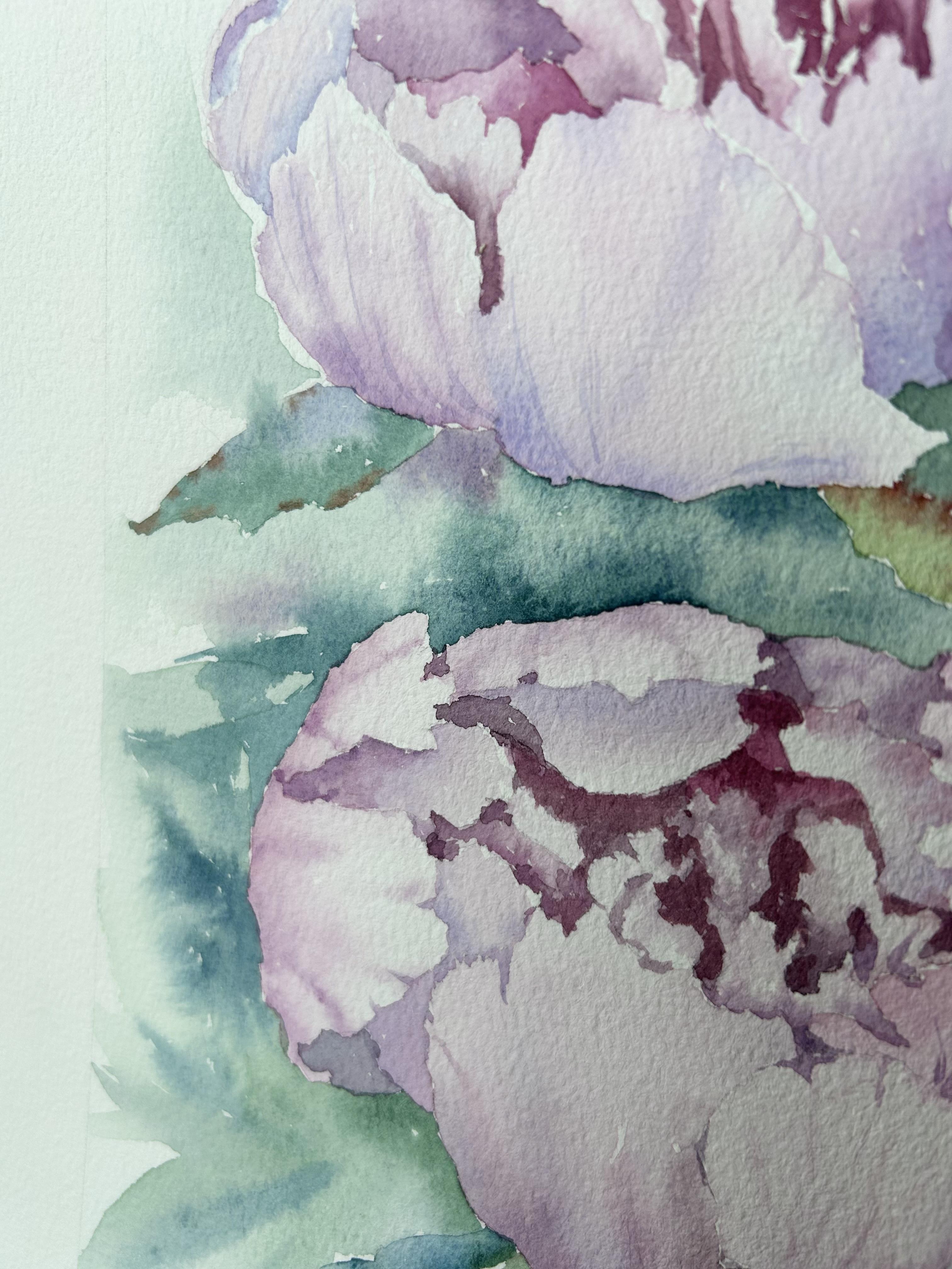Peinture de fleurs de pivoines. Rose, vert, vertical. Paysages botaniques et floraux en vente 7