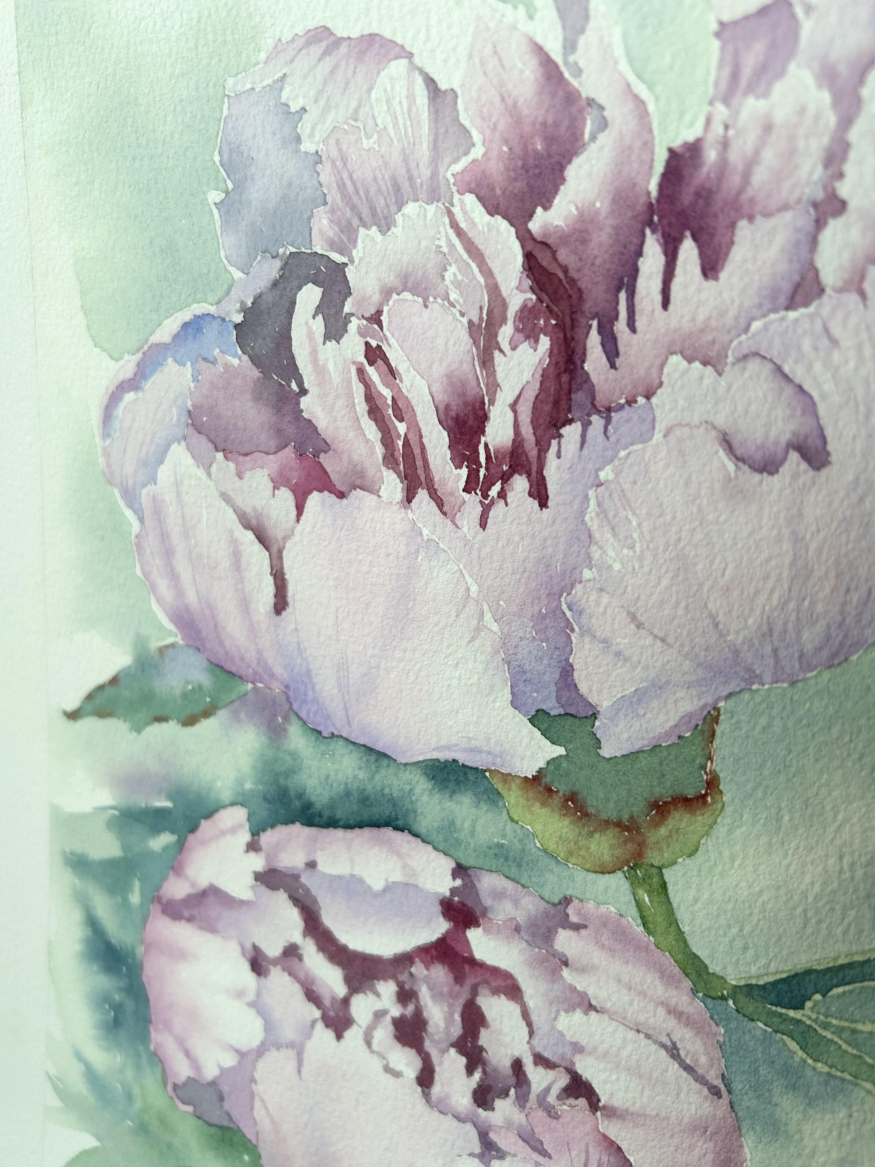 Peinture de fleurs de pivoines. Rose, vert, vertical. Paysages botaniques et floraux en vente 9