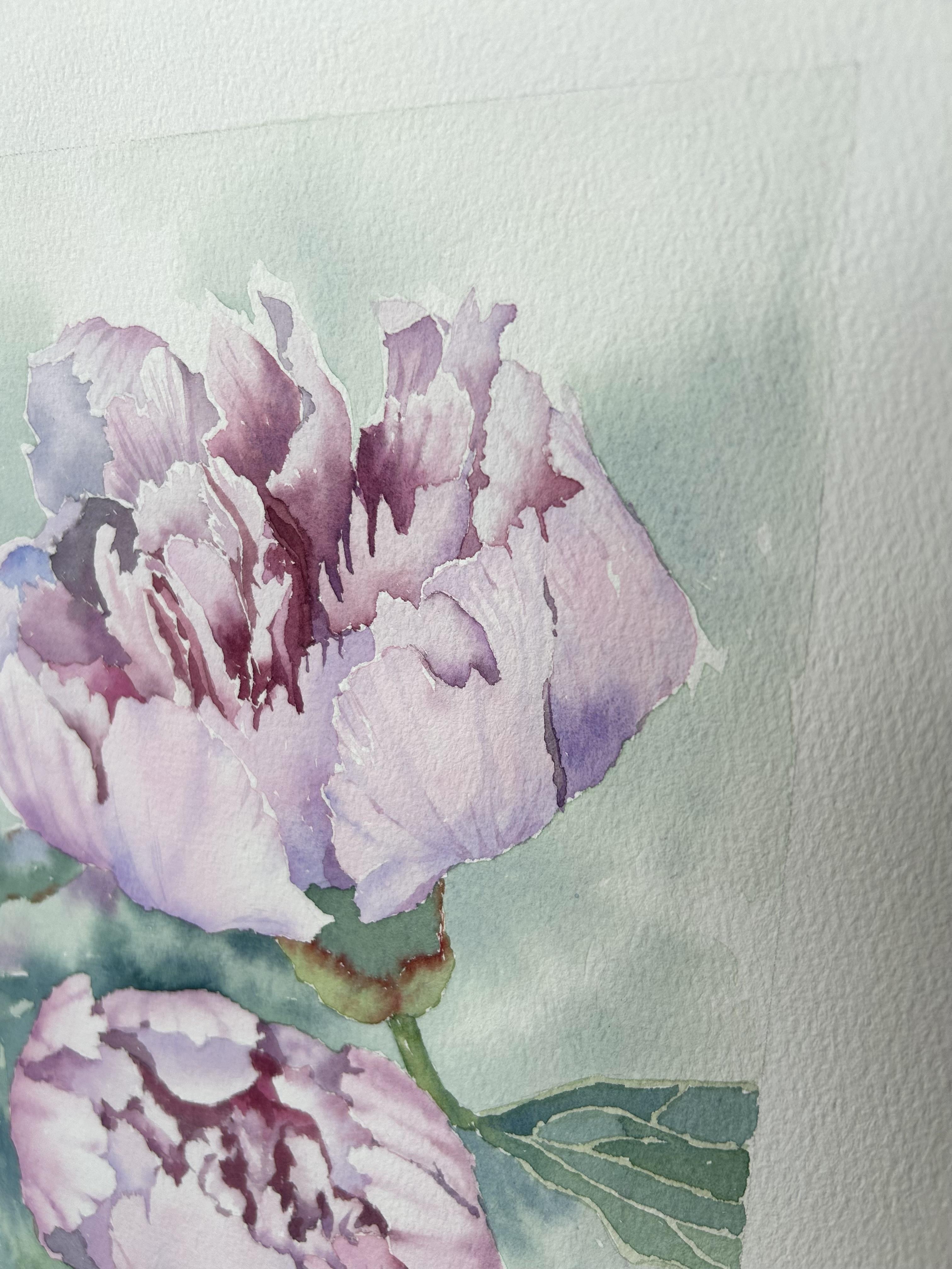 Peinture de fleurs de pivoines. Rose, vert, vertical. Paysages botaniques et floraux en vente 10