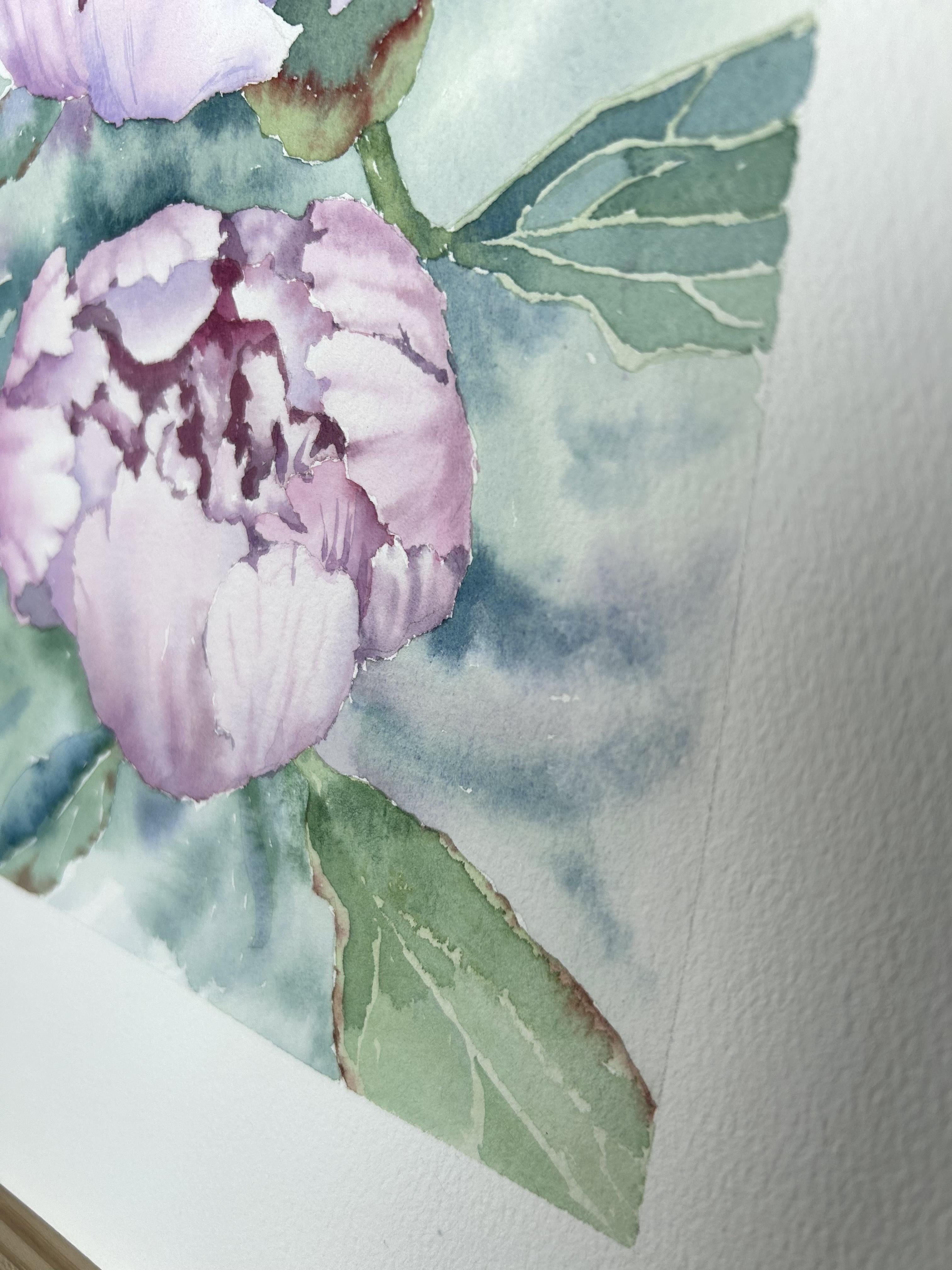 Peinture de fleurs de pivoines. Rose, vert, vertical. Paysages botaniques et floraux en vente 11