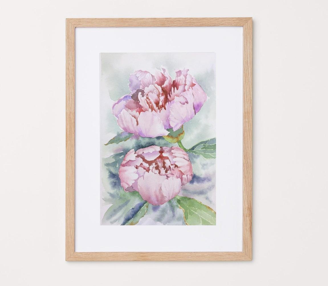 Peinture de fleurs de pivoines. Rose, vert, vertical. Paysages botaniques et floraux en vente 12
