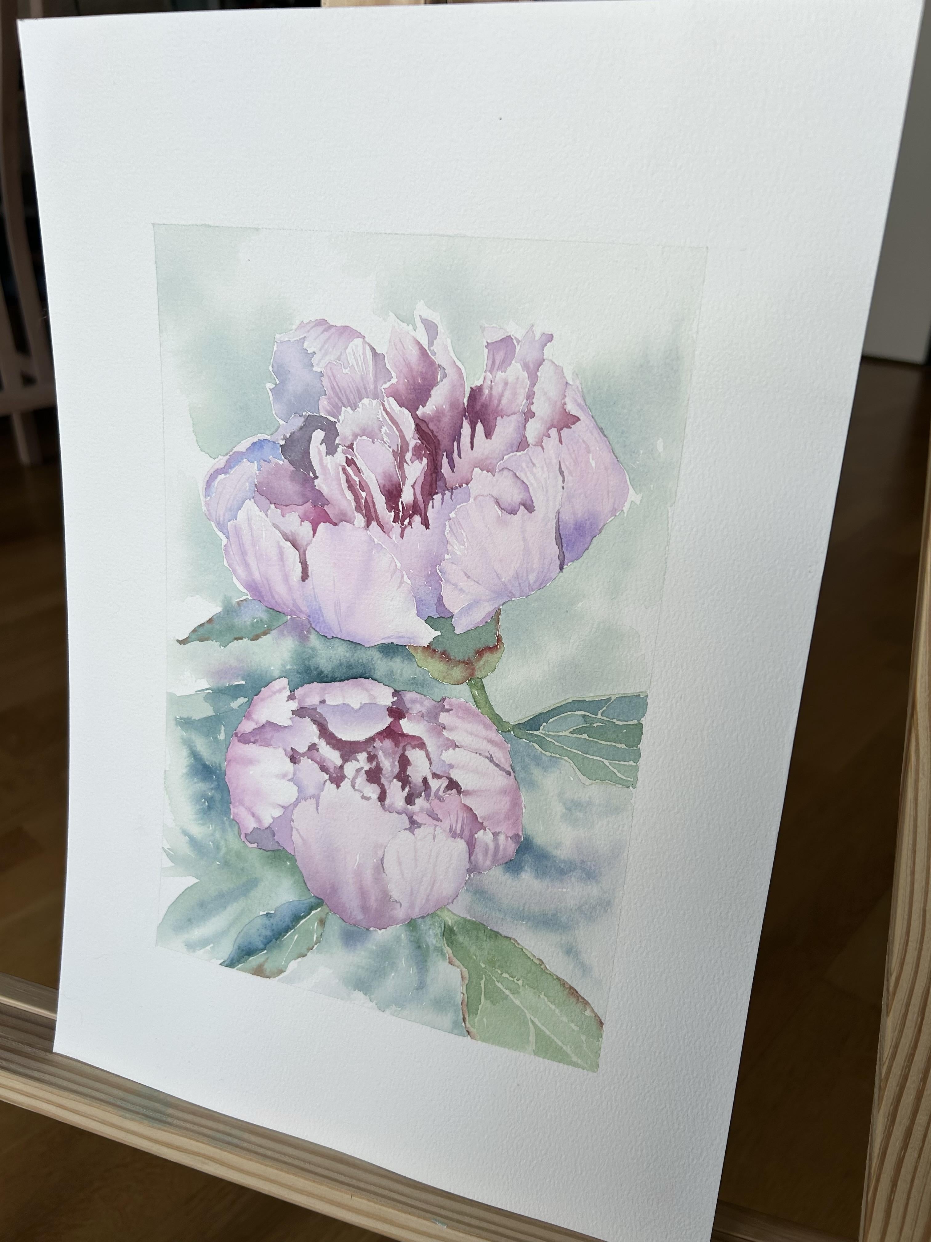 Peinture de fleurs de pivoines. Rose, vert, vertical. Paysages botaniques et floraux - Art de Aleksandra Strokina