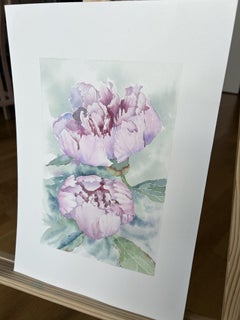 Peonies Flowers Painting. Pink, green, vertical. Botanical, floral scenery