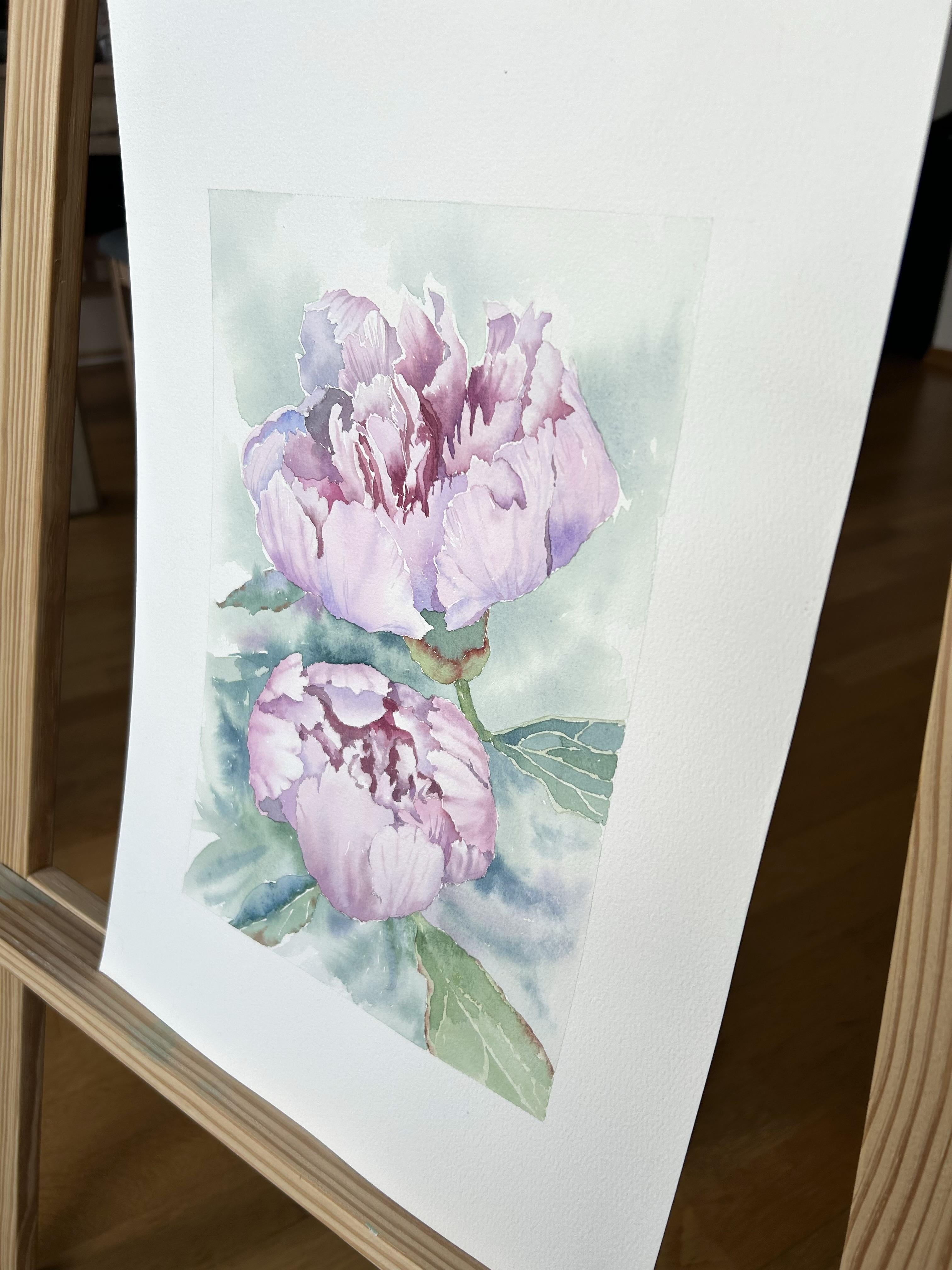 Peinture de fleurs de pivoines. Rose, vert, vertical. Paysages botaniques et floraux - Contemporain Art par Aleksandra Strokina