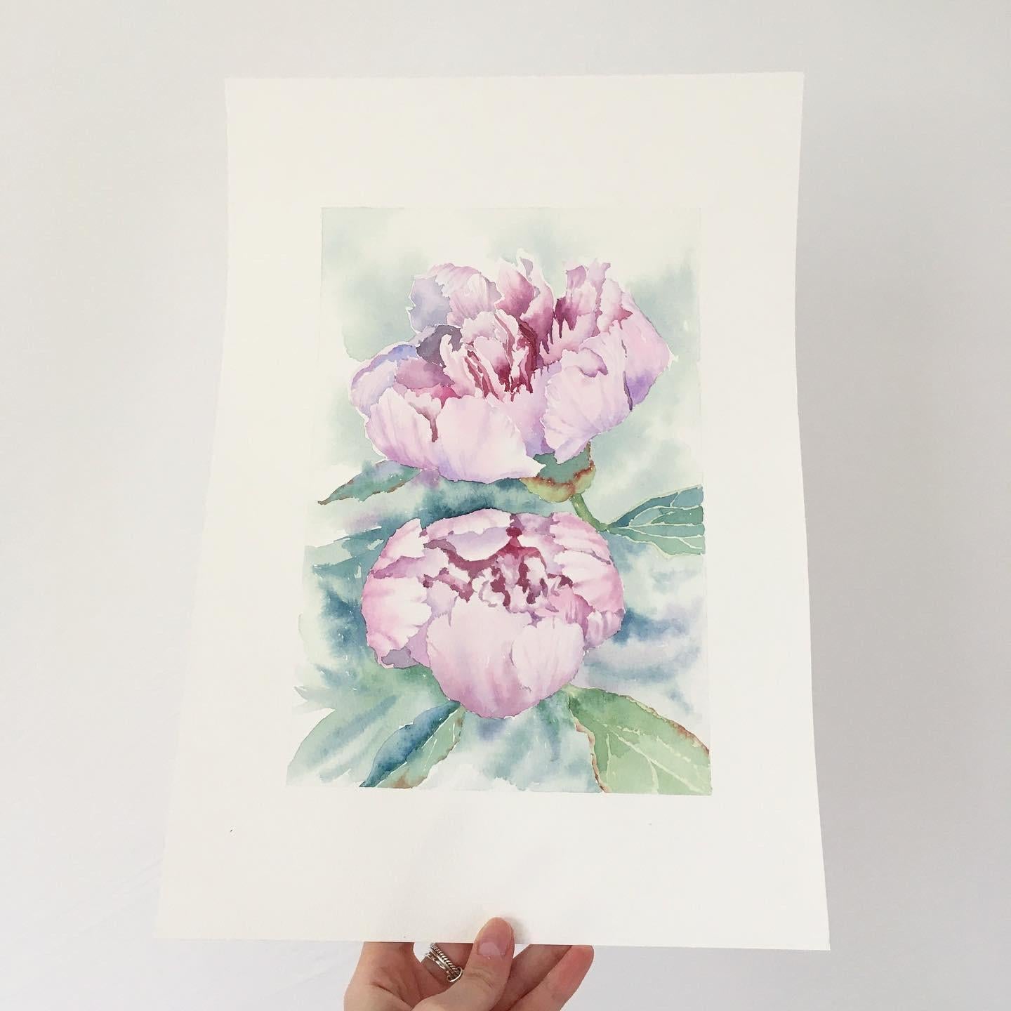 Peinture de fleurs de pivoines. Rose, vert, vertical. Paysages botaniques et floraux - Gris Landscape Art par Aleksandra Strokina