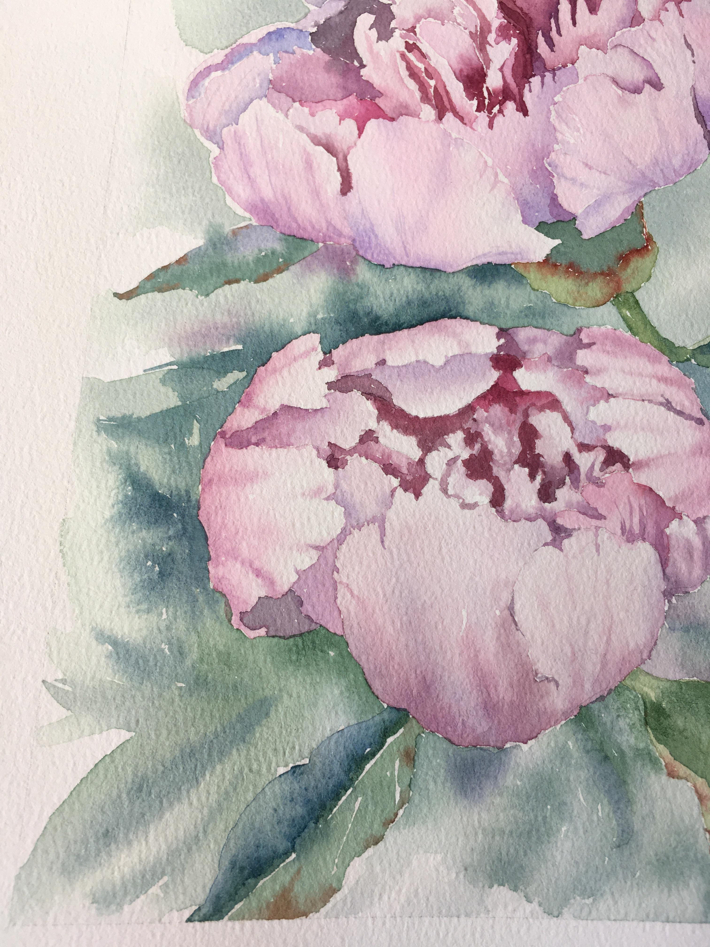 Peinture de fleurs de pivoines. Rose, vert, vertical. Paysages botaniques et floraux en vente 1