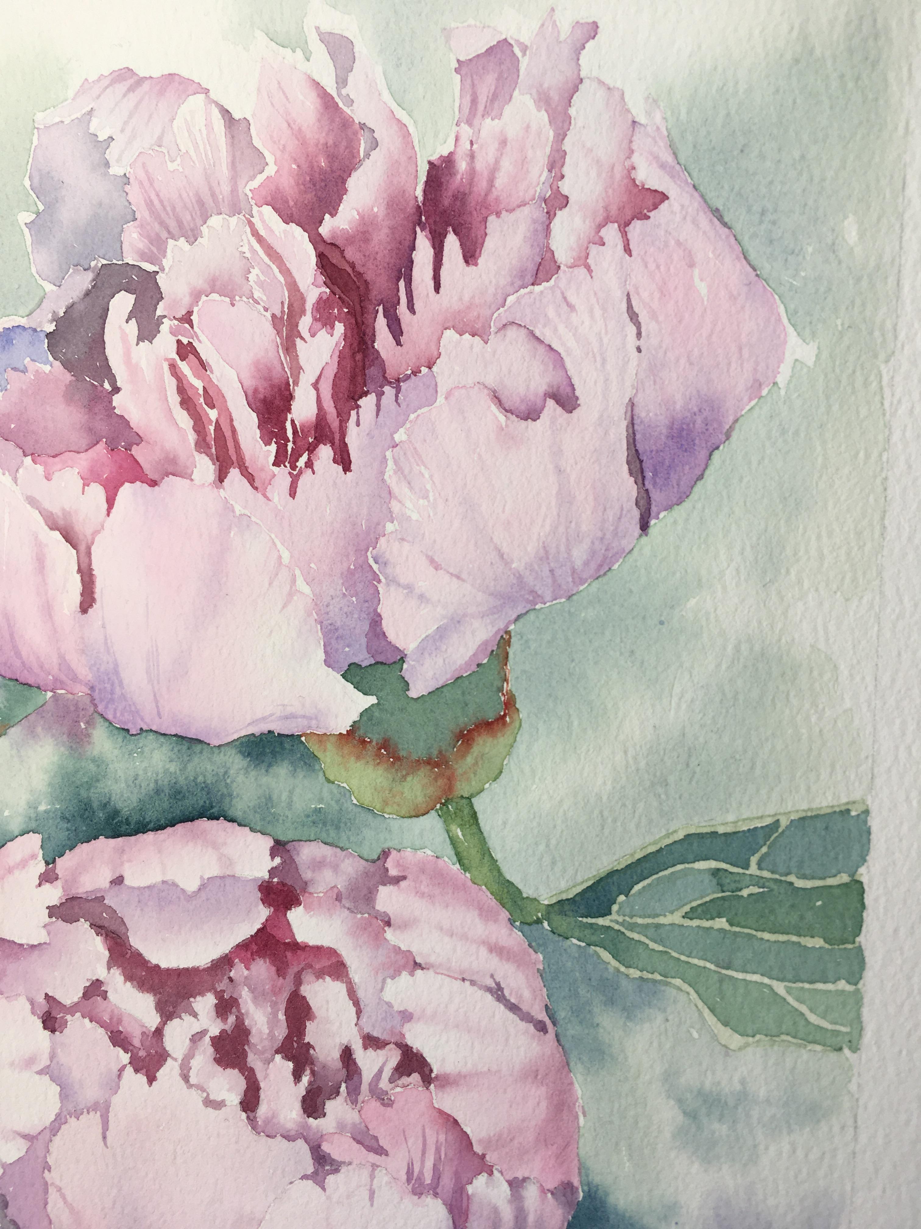 Peinture de fleurs de pivoines. Rose, vert, vertical. Paysages botaniques et floraux en vente 2