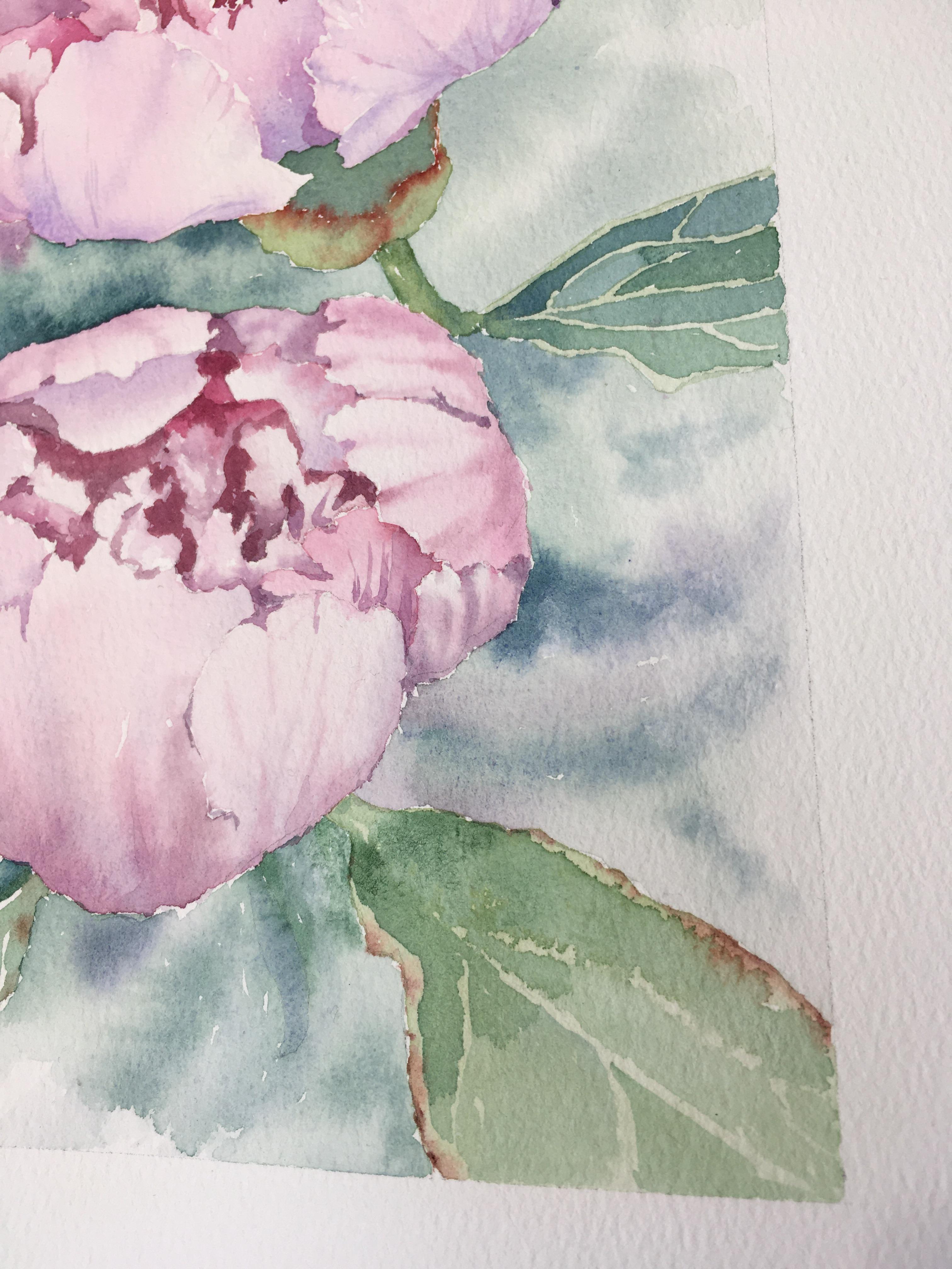 Peinture de fleurs de pivoines. Rose, vert, vertical. Paysages botaniques et floraux en vente 3