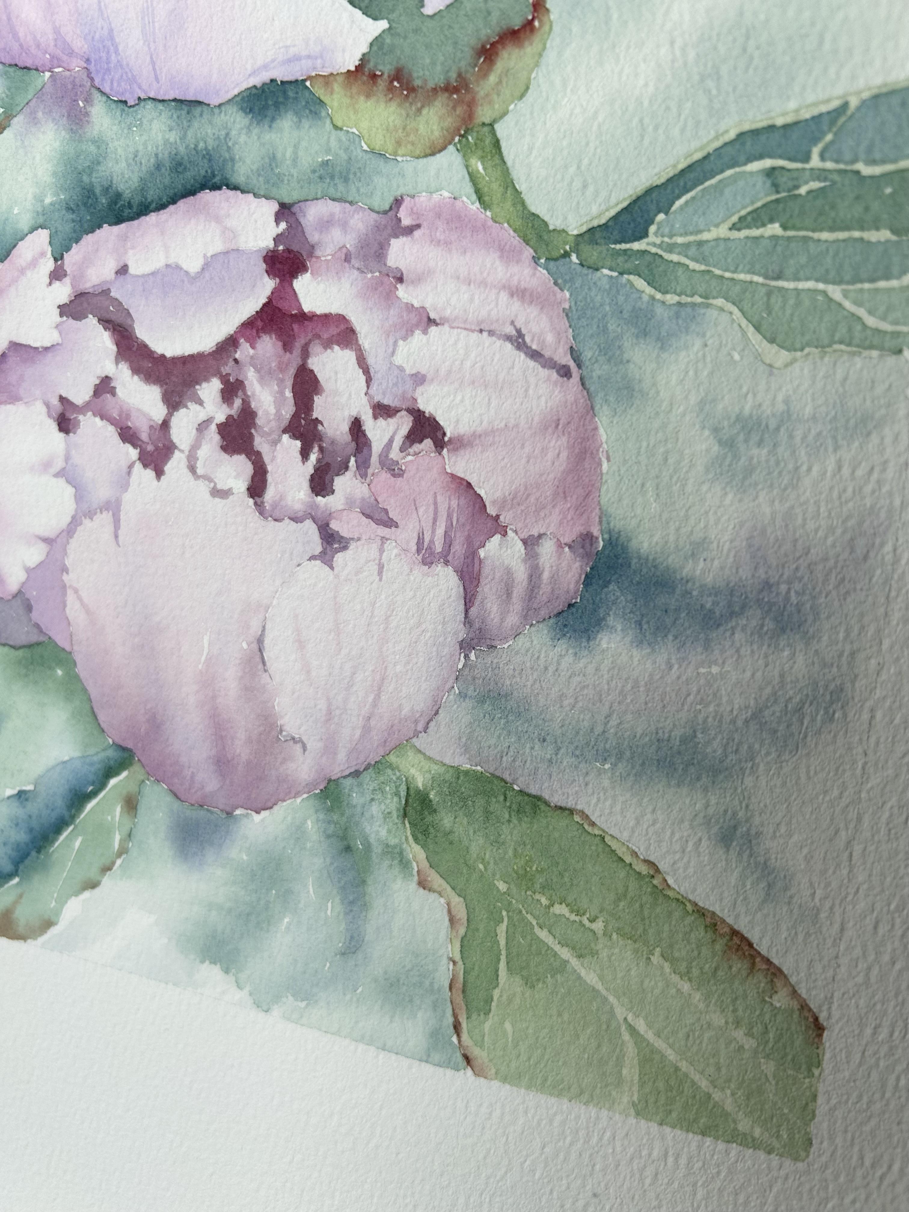 Peinture de fleurs de pivoines. Rose, vert, vertical. Paysages botaniques et floraux en vente 4