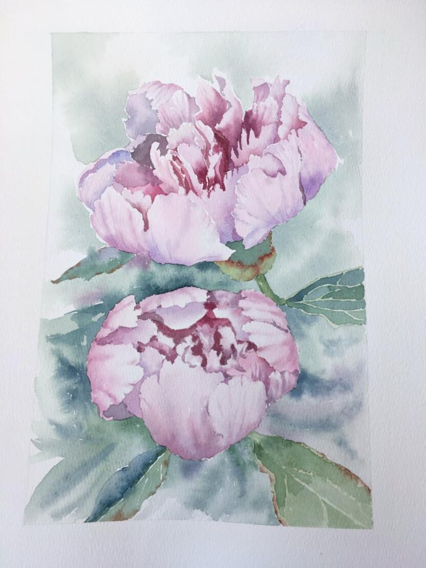 Pintura Flores Peonías. Rosa, verde, vertical. Paisaje botánico y floral