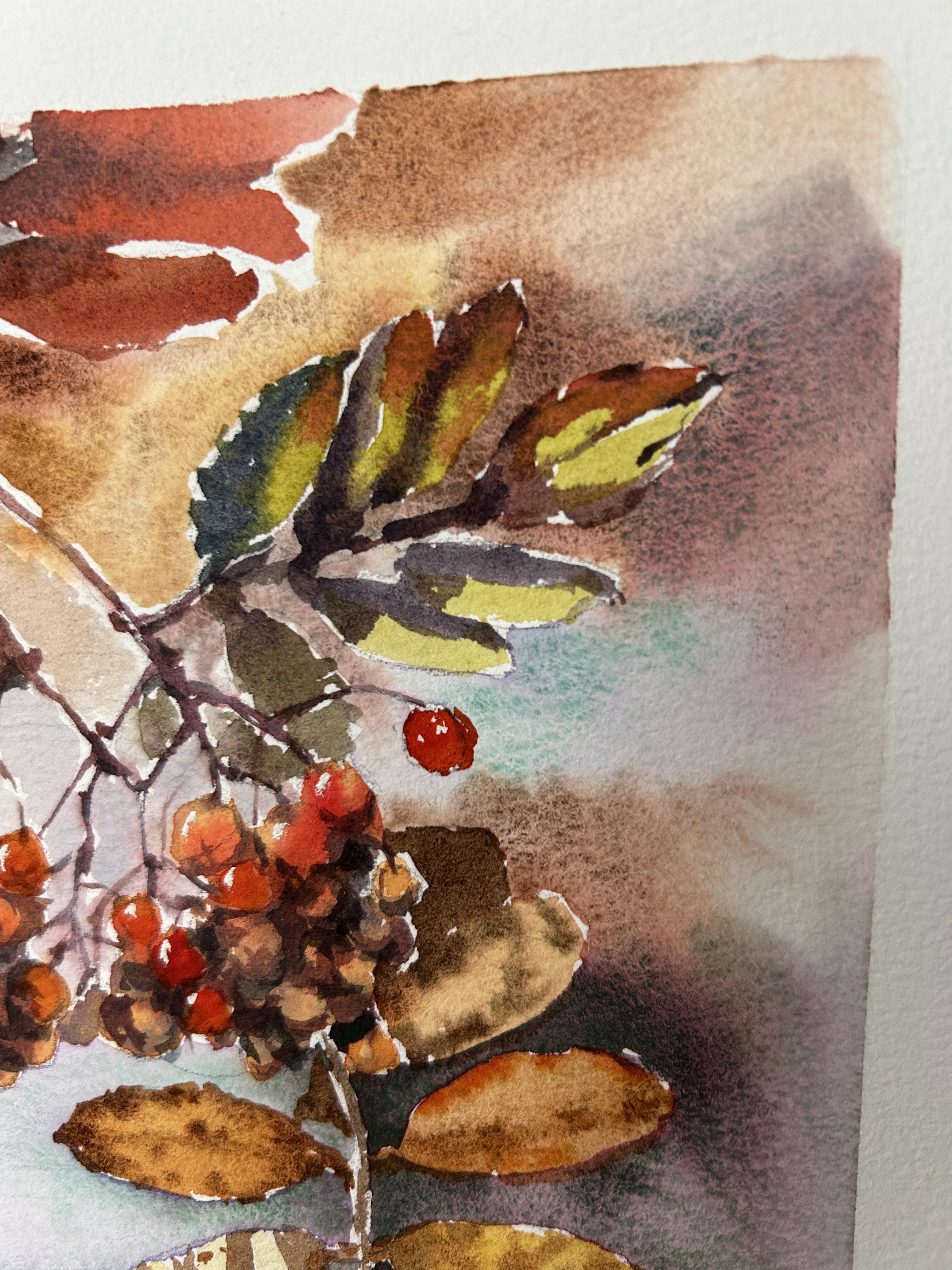 Dipingere un albero di sorbo. Acquerello, foglie d'autunno, bacche, arancione, rosso, piccolo in vendita 5
