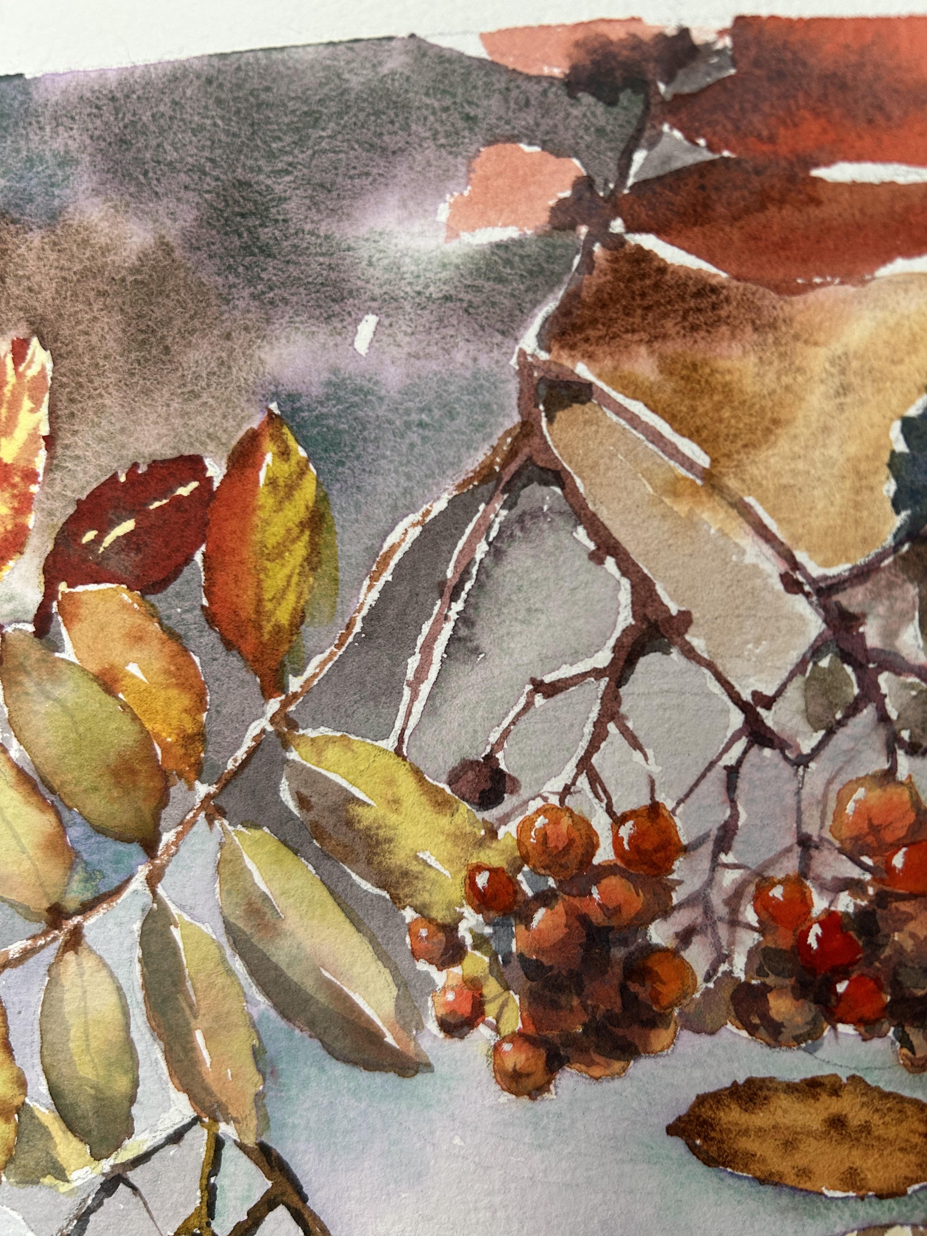 Dipingere un albero di sorbo. Acquerello, foglie d'autunno, bacche, arancione, rosso, piccolo in vendita 6