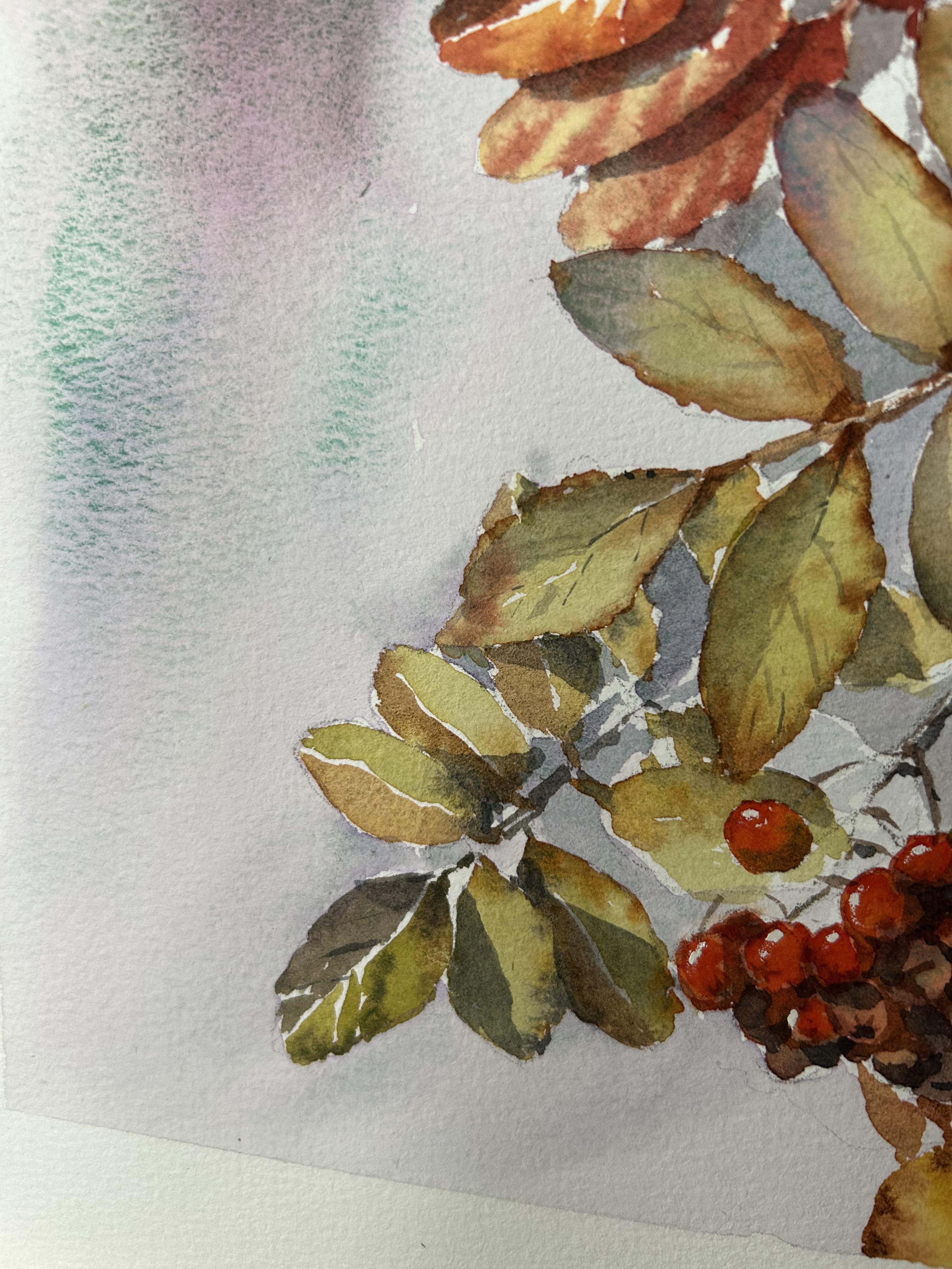 Dipingere un albero di sorbo. Acquerello, foglie d'autunno, bacche, arancione, rosso, piccolo in vendita 10