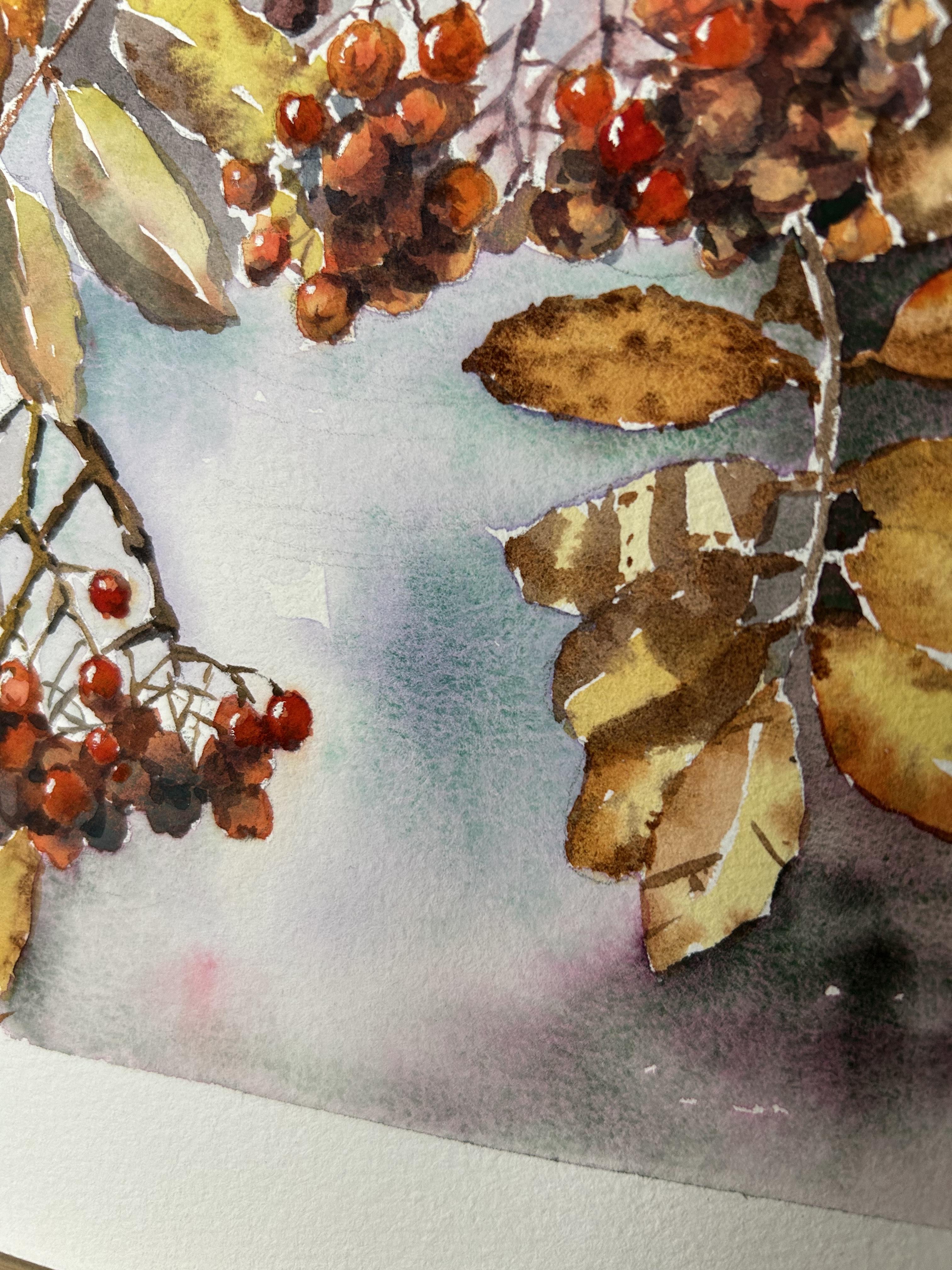 Dipingere un albero di sorbo. Acquerello, foglie d'autunno, bacche, arancione, rosso, piccolo in vendita 12