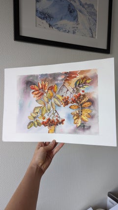Rowan tree painting. Watercolor, autumn leaves, berries, orange, red, small