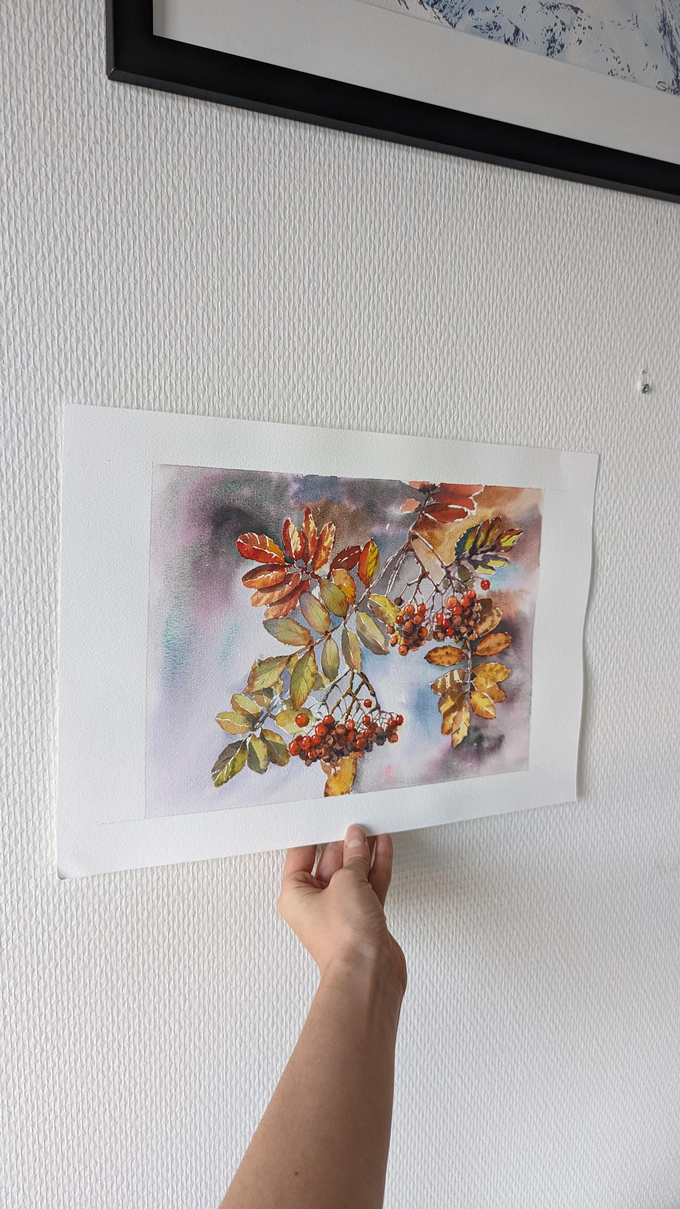 Dipingere un albero di sorbo. Acquerello, foglie d'autunno, bacche, arancione, rosso, piccolo - Art Realismo di Aleksandra Strokina