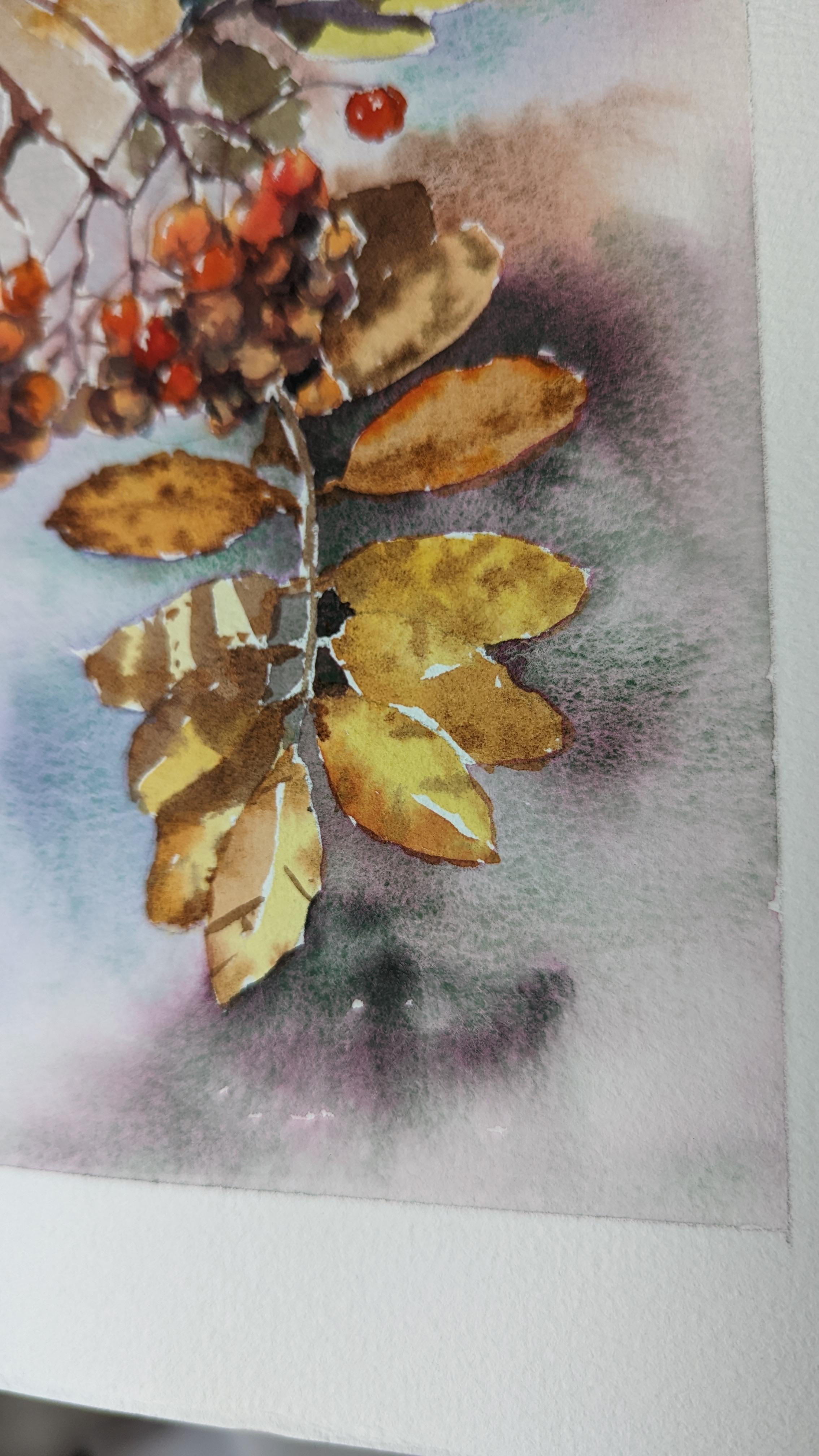 Dipingere un albero di sorbo. Acquerello, foglie d'autunno, bacche, arancione, rosso, piccolo - Landscape Art Beige di Aleksandra Strokina
