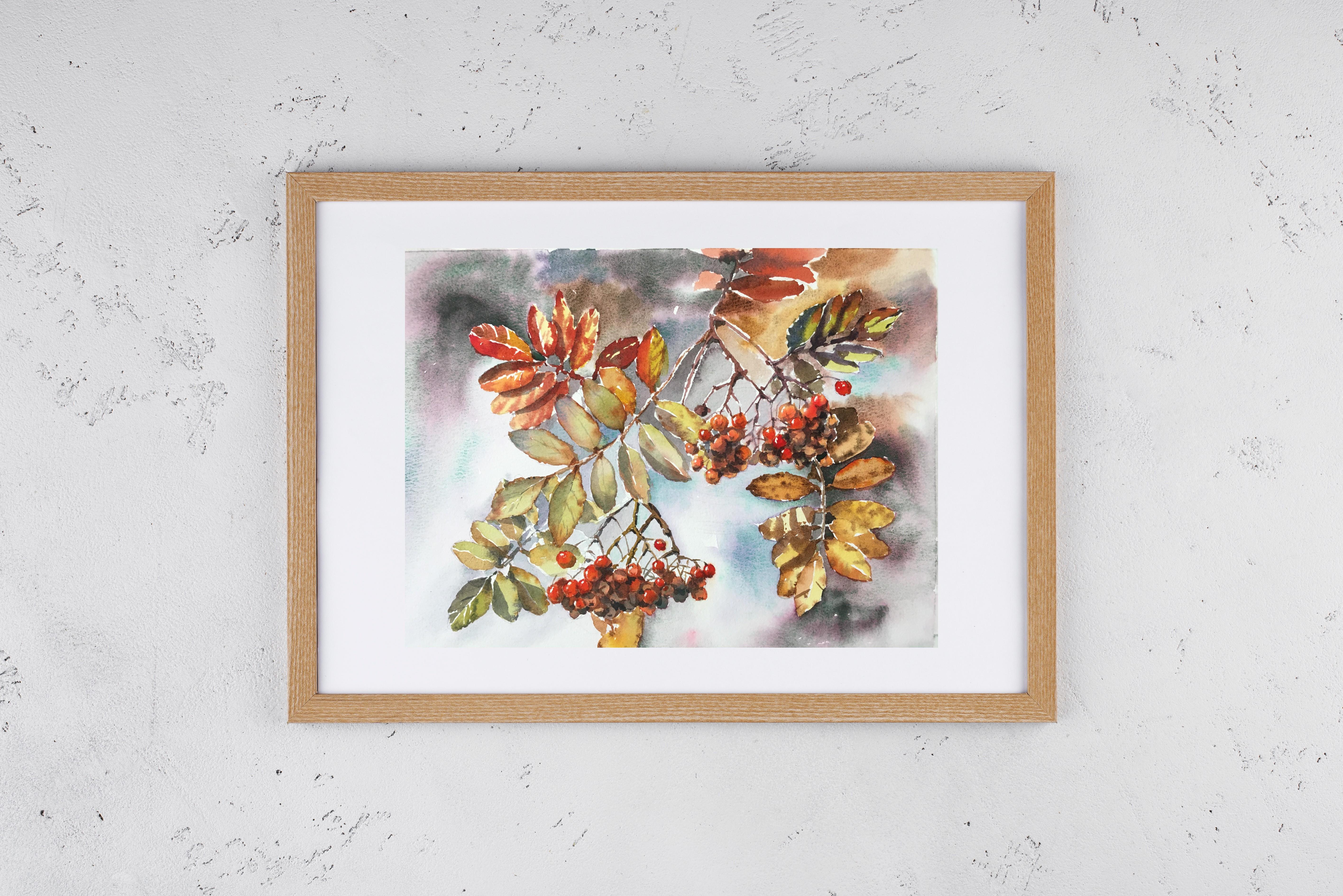 Dipingere un albero di sorbo. Acquerello, foglie d'autunno, bacche, arancione, rosso, piccolo in vendita 3