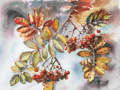 Rowan tree painting. Watercolor, autumn leaves, berries, orange, red, small