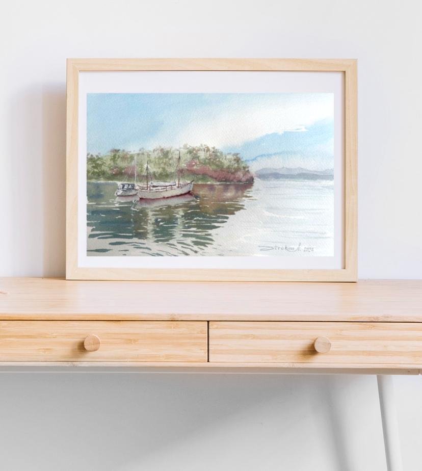 Paysage de la côte de Stavanger. Greene & Greene, bateaux, montagnes, vert, bleu en vente 1