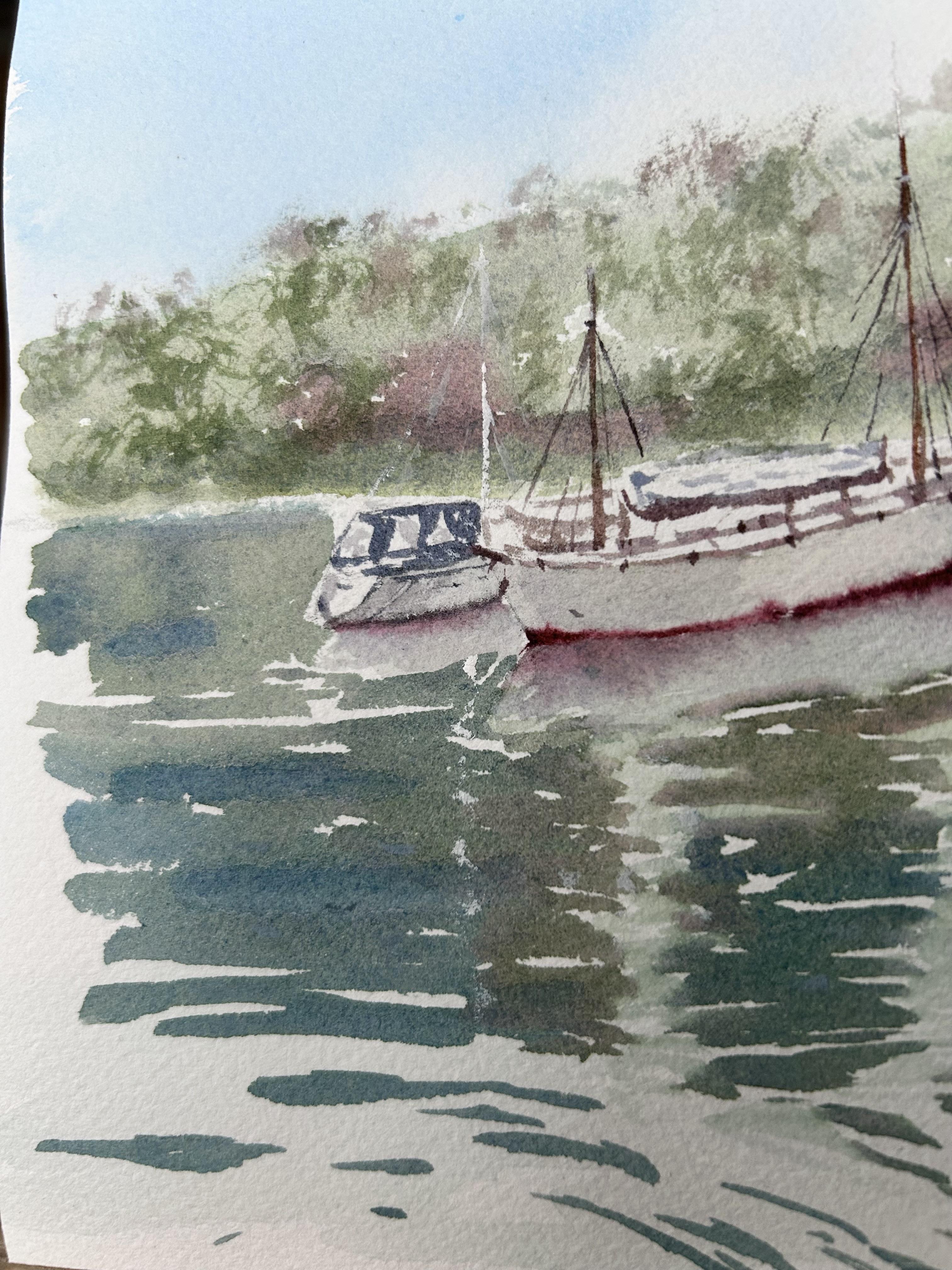Paysage de la côte de Stavanger. Greene & Greene, bateaux, montagnes, vert, bleu en vente 2