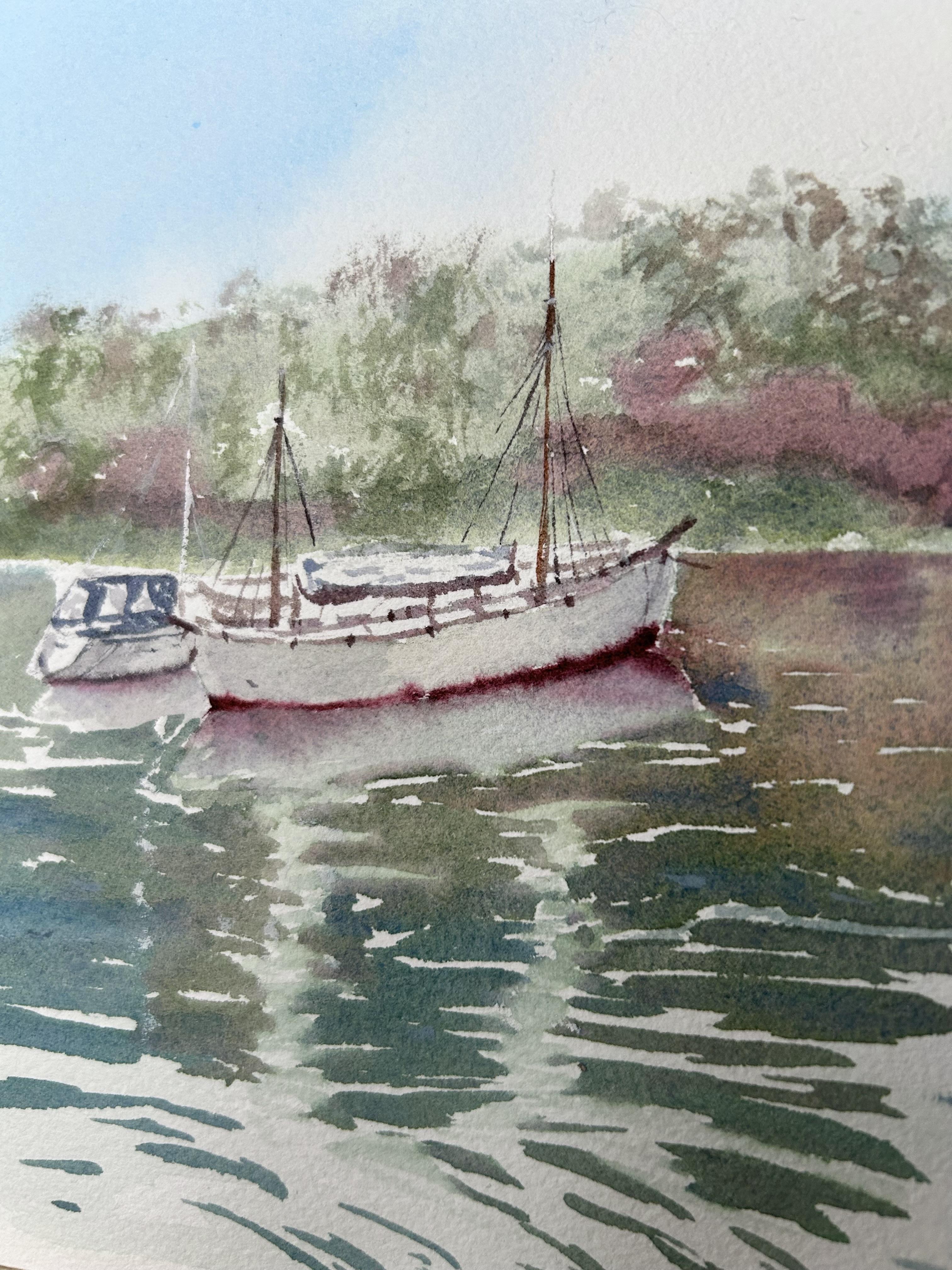 Paysage de la côte de Stavanger. Greene & Greene, bateaux, montagnes, vert, bleu en vente 3