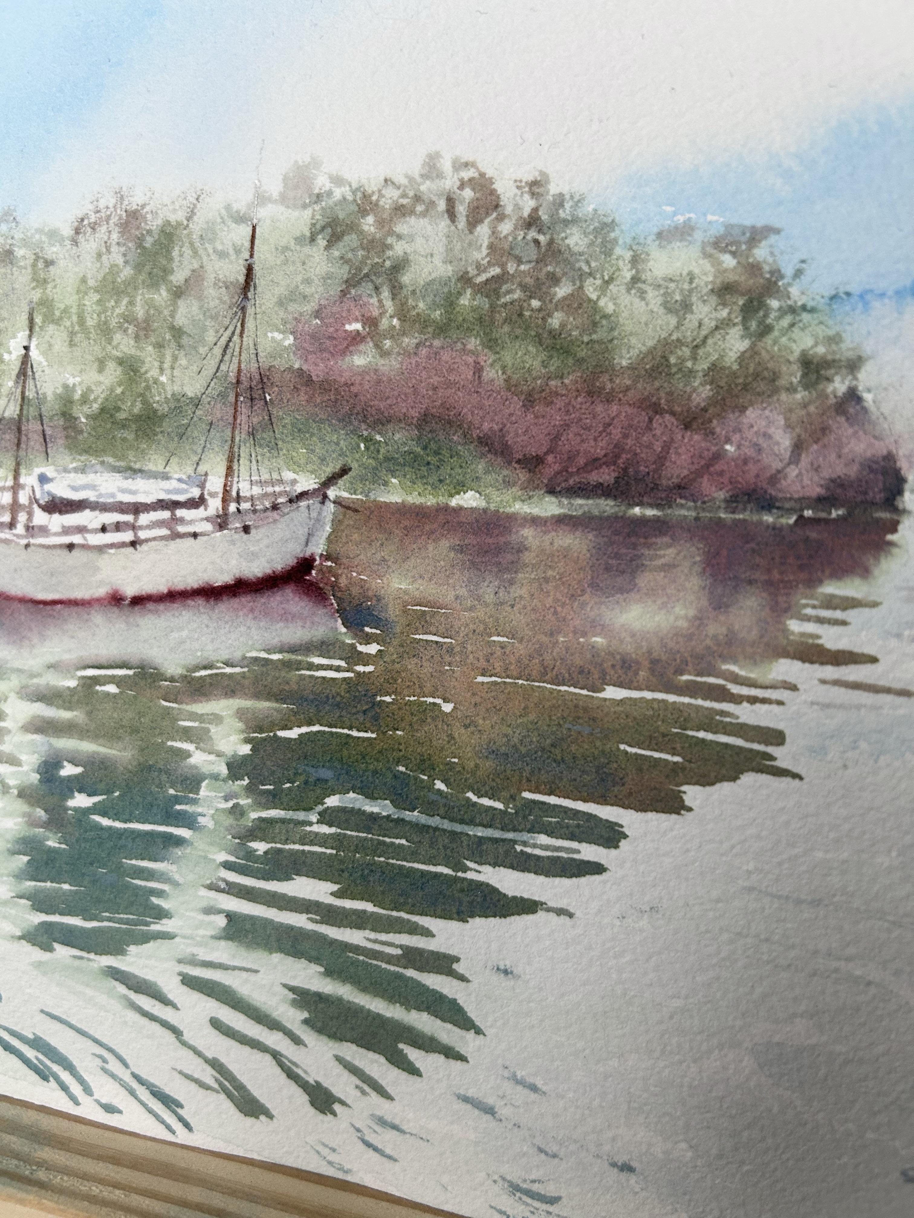 Paysage de la côte de Stavanger. Greene & Greene, bateaux, montagnes, vert, bleu en vente 4