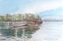 Paisaje de la Costa de Stavanger. Paisaje marino, barcos, montañas, verde, azul