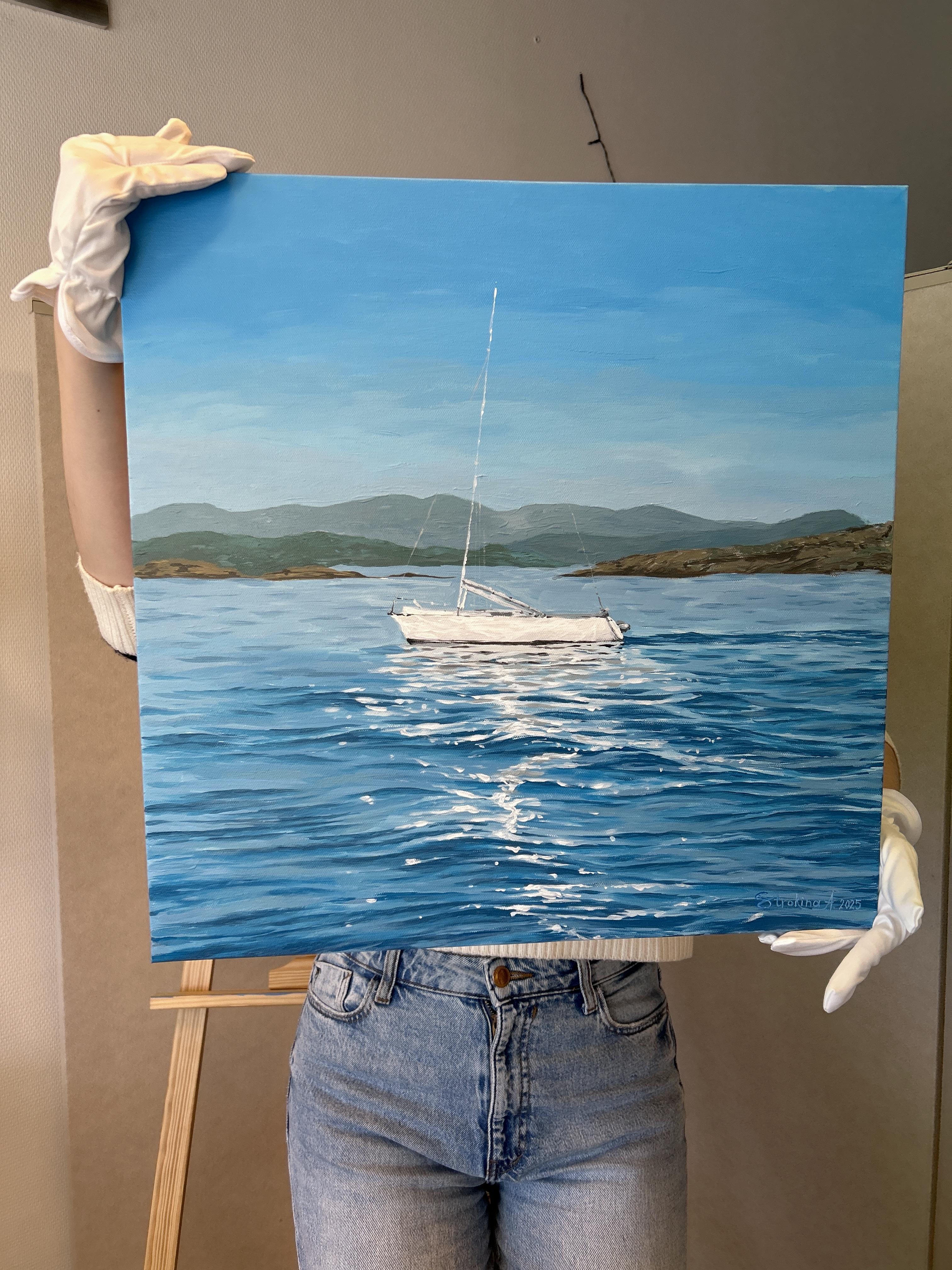 Stavanger, Norway landscape painting. Blue, seascape, boat, mountains, acrylic For Sale 6