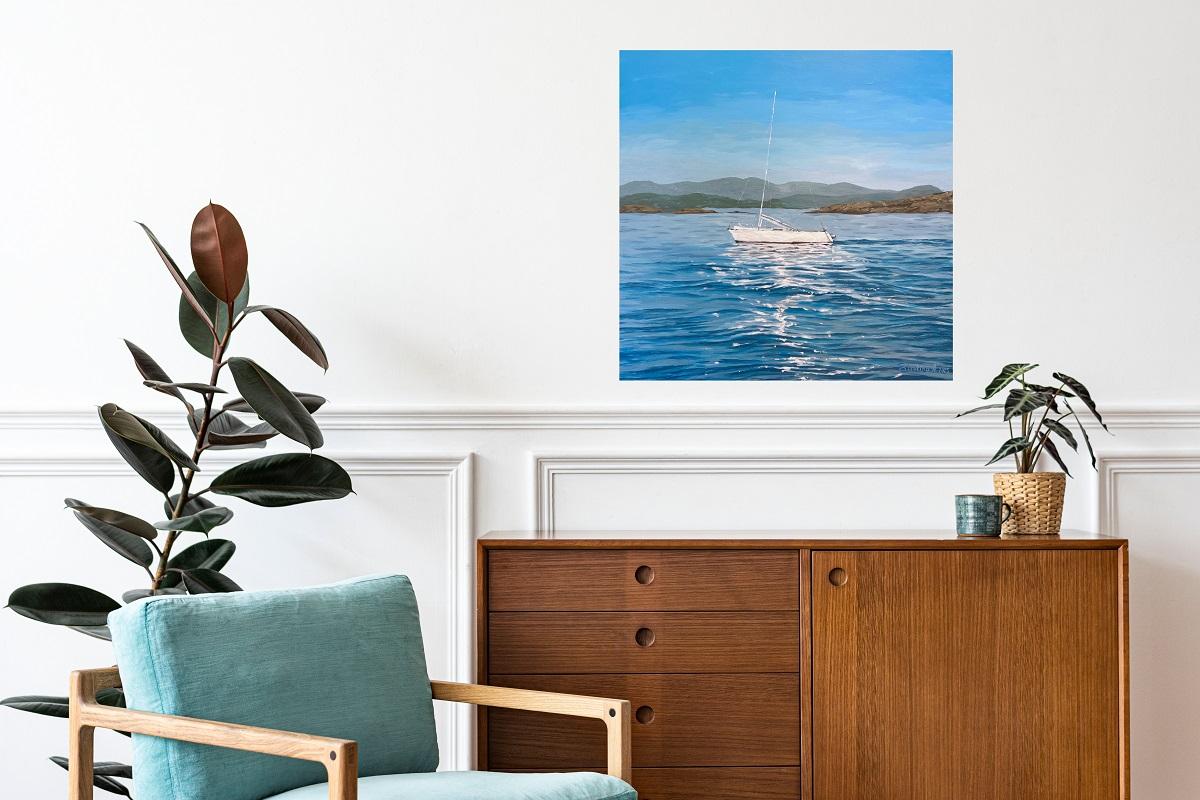 Stavanger, Norway landscape painting. Blue, seascape, boat, mountains, acrylic - Painting by Aleksandra Strokina