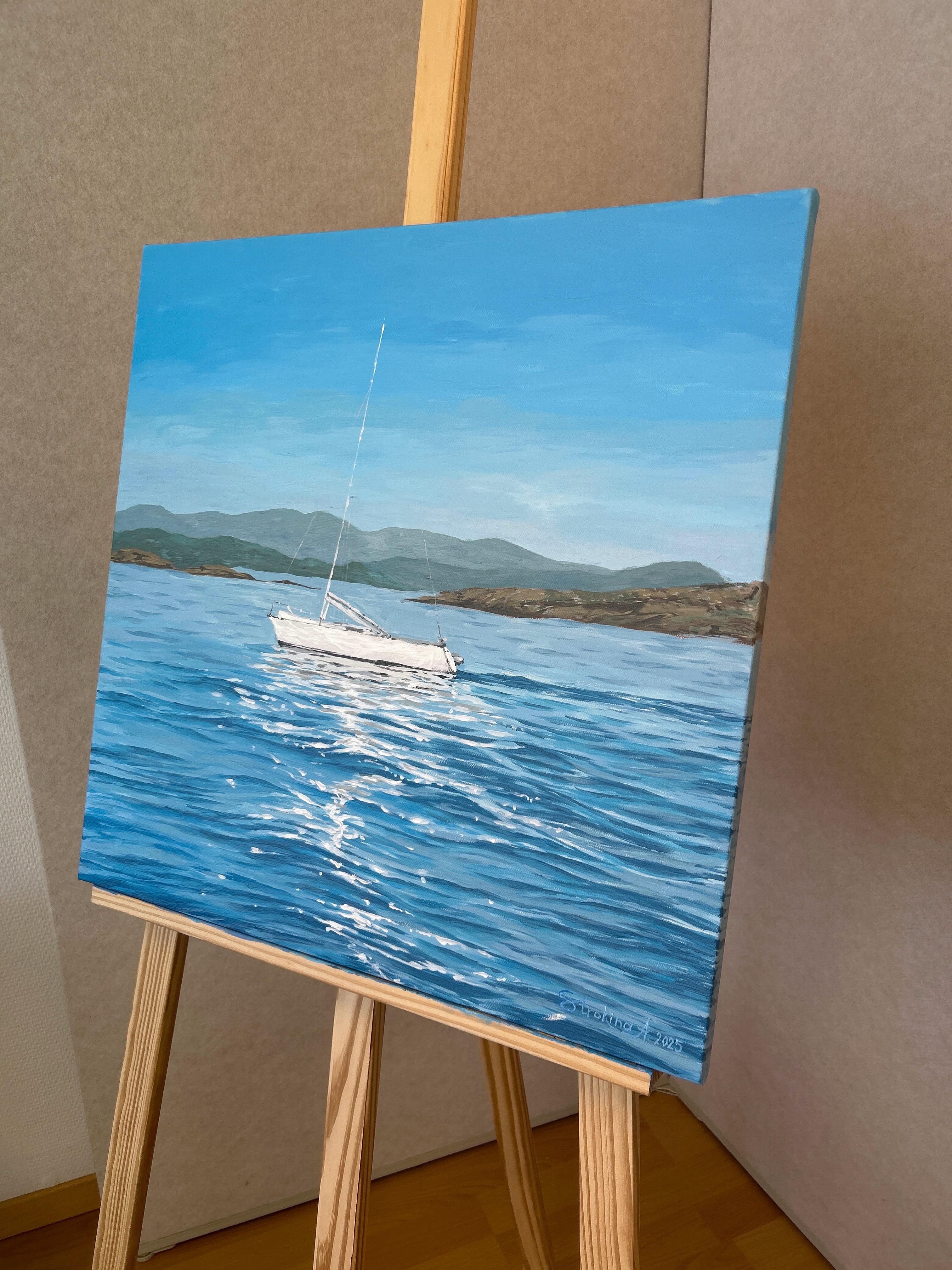 Stavanger, Norway landscape painting. Blue, seascape, boat, mountains, acrylic - Expressionist Painting by Aleksandra Strokina