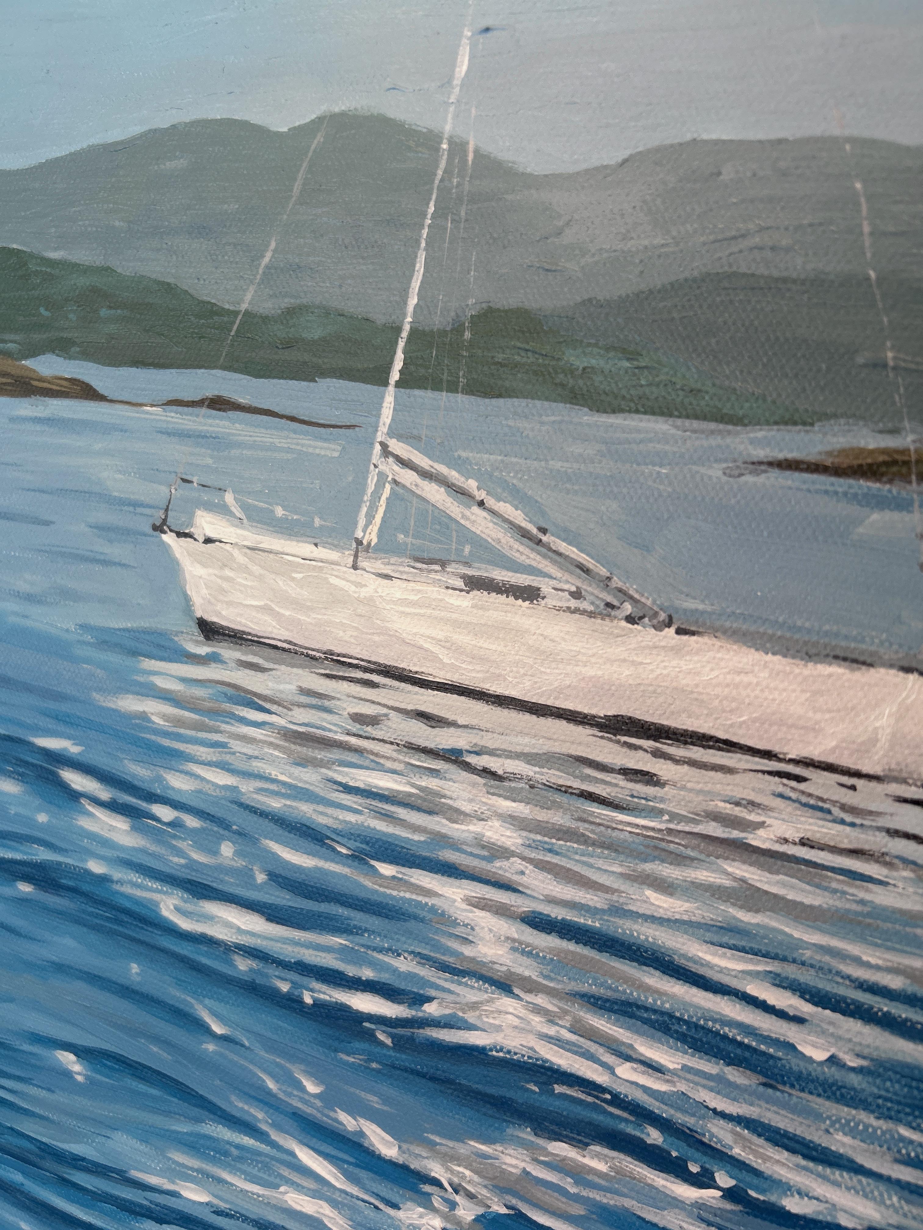 Stavanger, Norway landscape painting. Blue, seascape, boat, mountains, acrylic For Sale 1