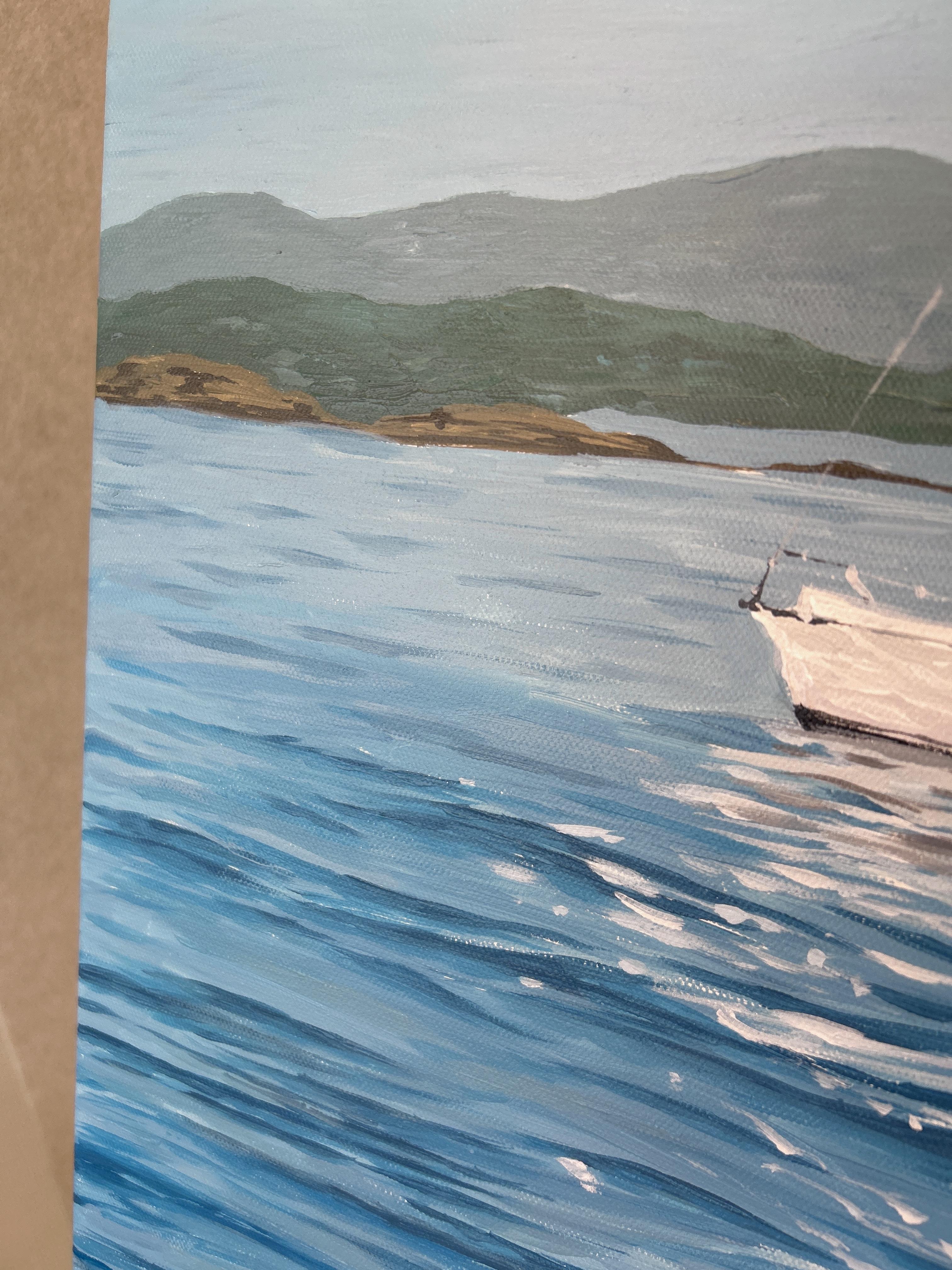 Stavanger, Norway landscape painting. Blue, seascape, boat, mountains, acrylic For Sale 2
