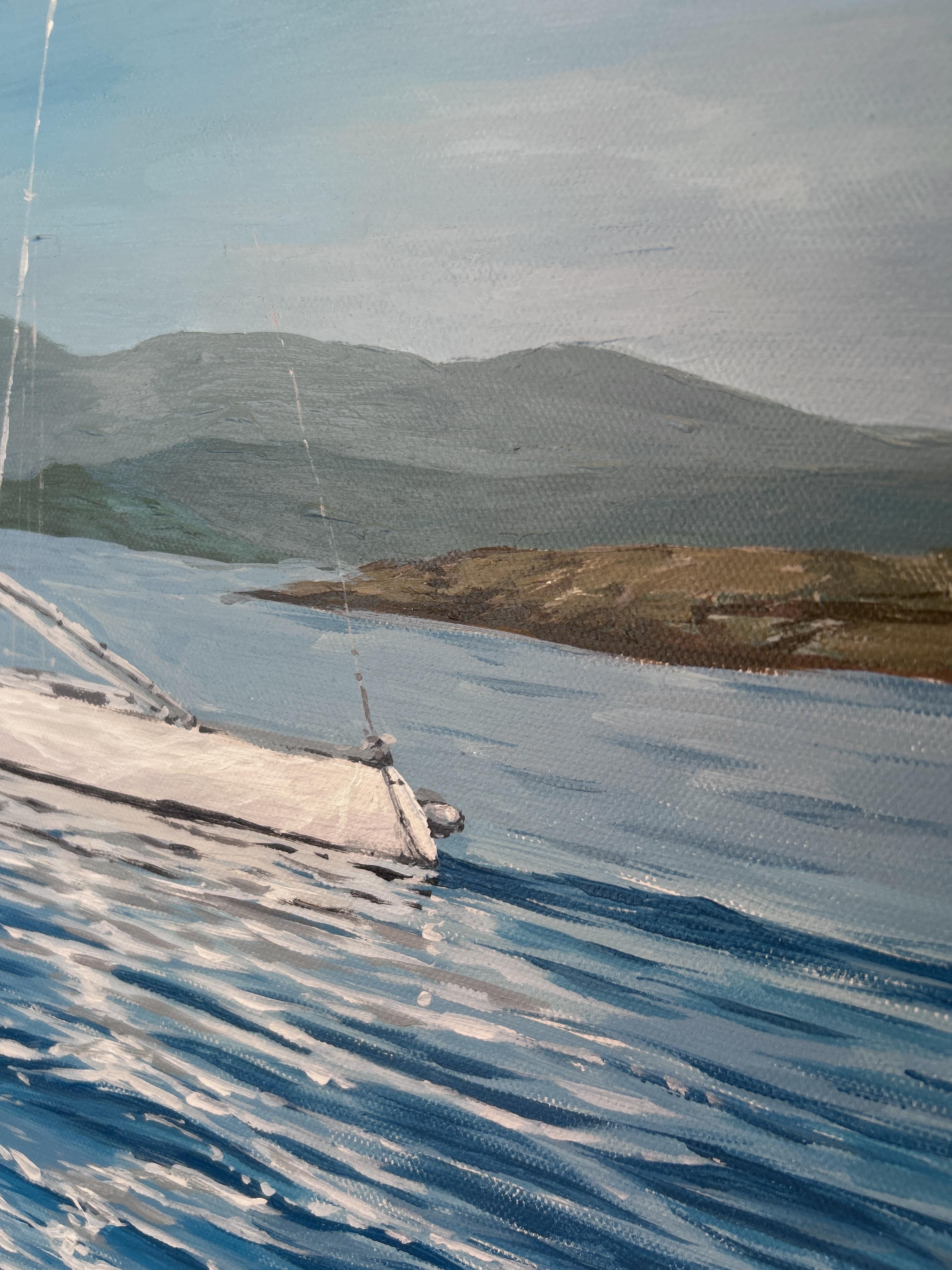 Stavanger, Norway landscape painting. Blue, seascape, boat, mountains, acrylic For Sale 3