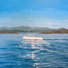 Pintura de paisaje de Stavanger, Noruega. Azul, paisaje marino, barco, montañas, acrílico