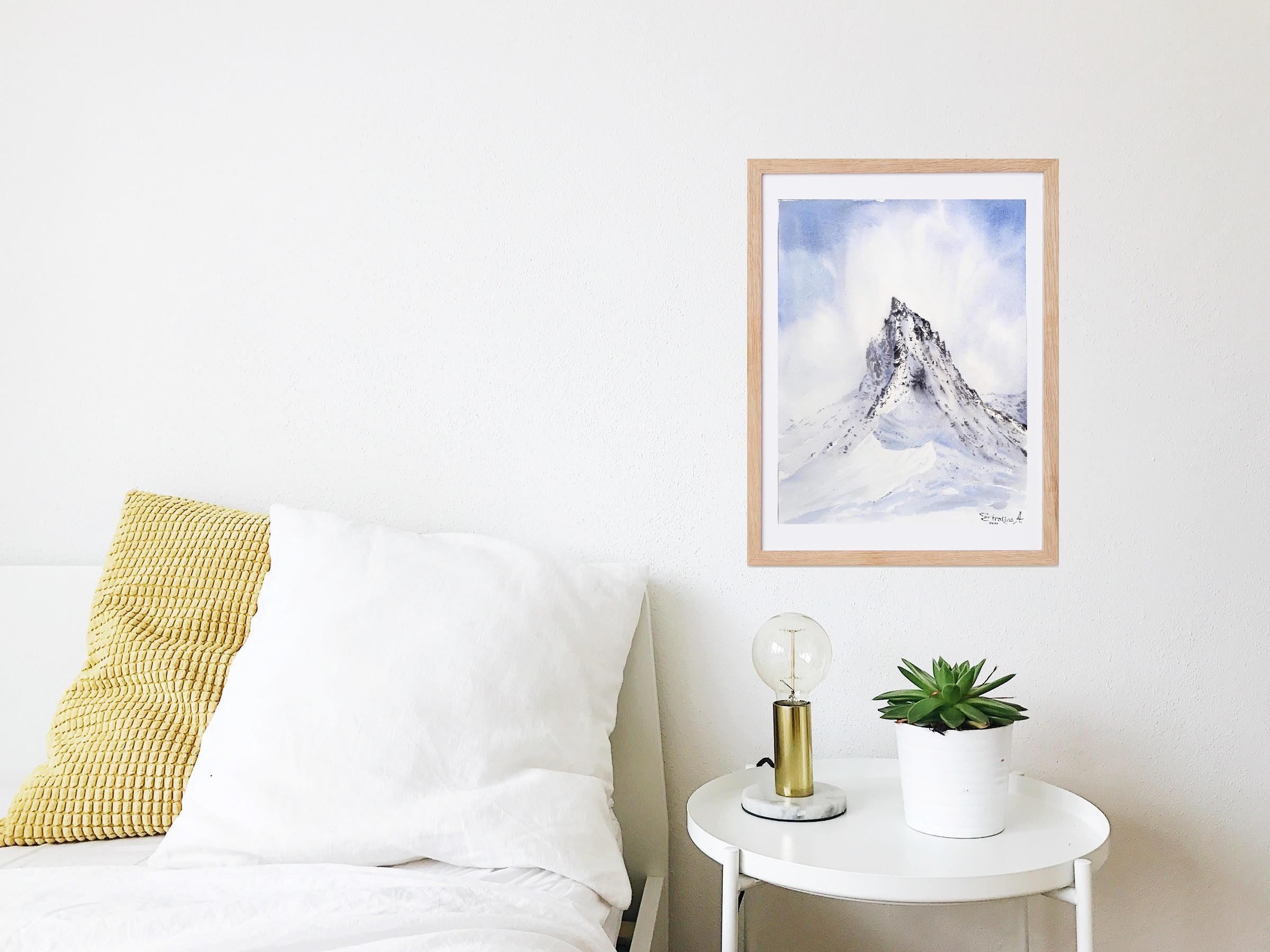 Pintura de paisaje de montaña invernal. Nieve, blanco, azul, vertical, alpes en venta 5