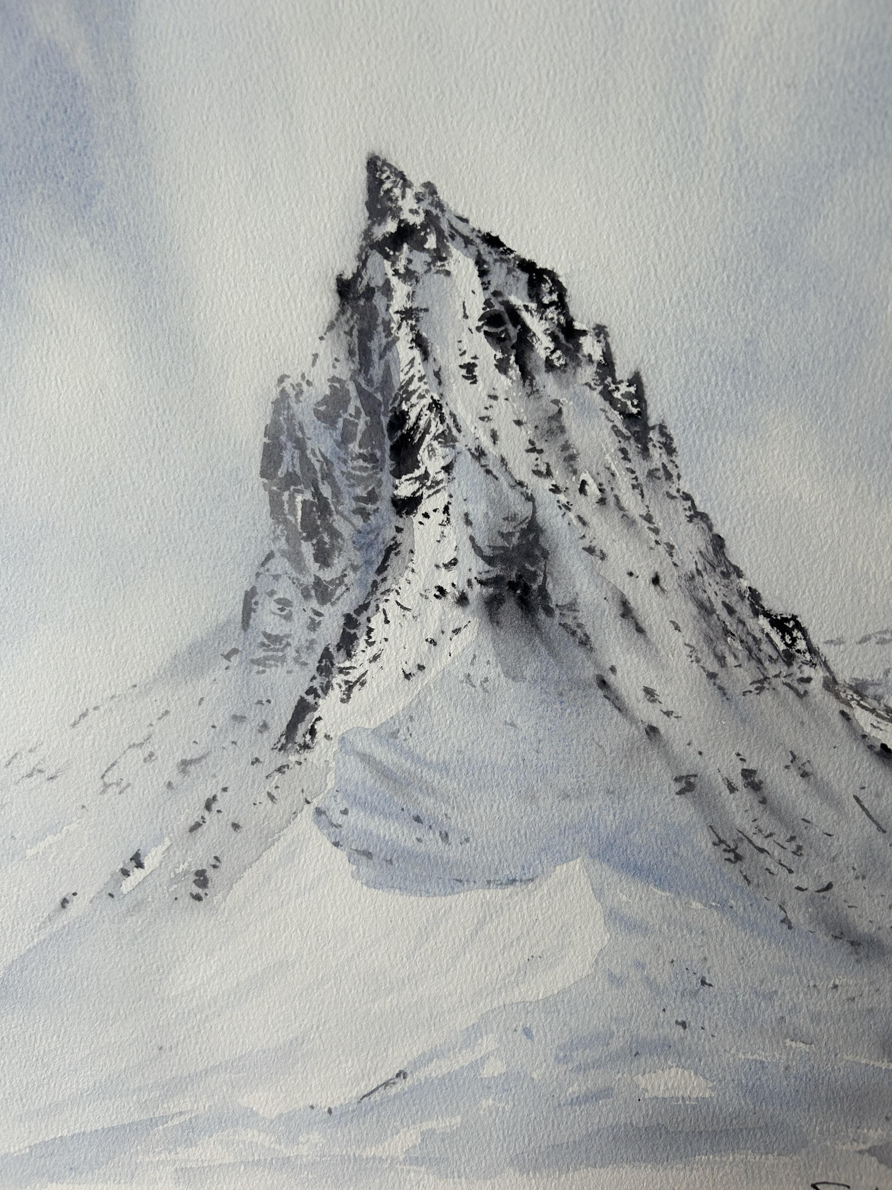 Pintura de paisaje de montaña invernal. Nieve, blanco, azul, vertical, alpes en venta 6