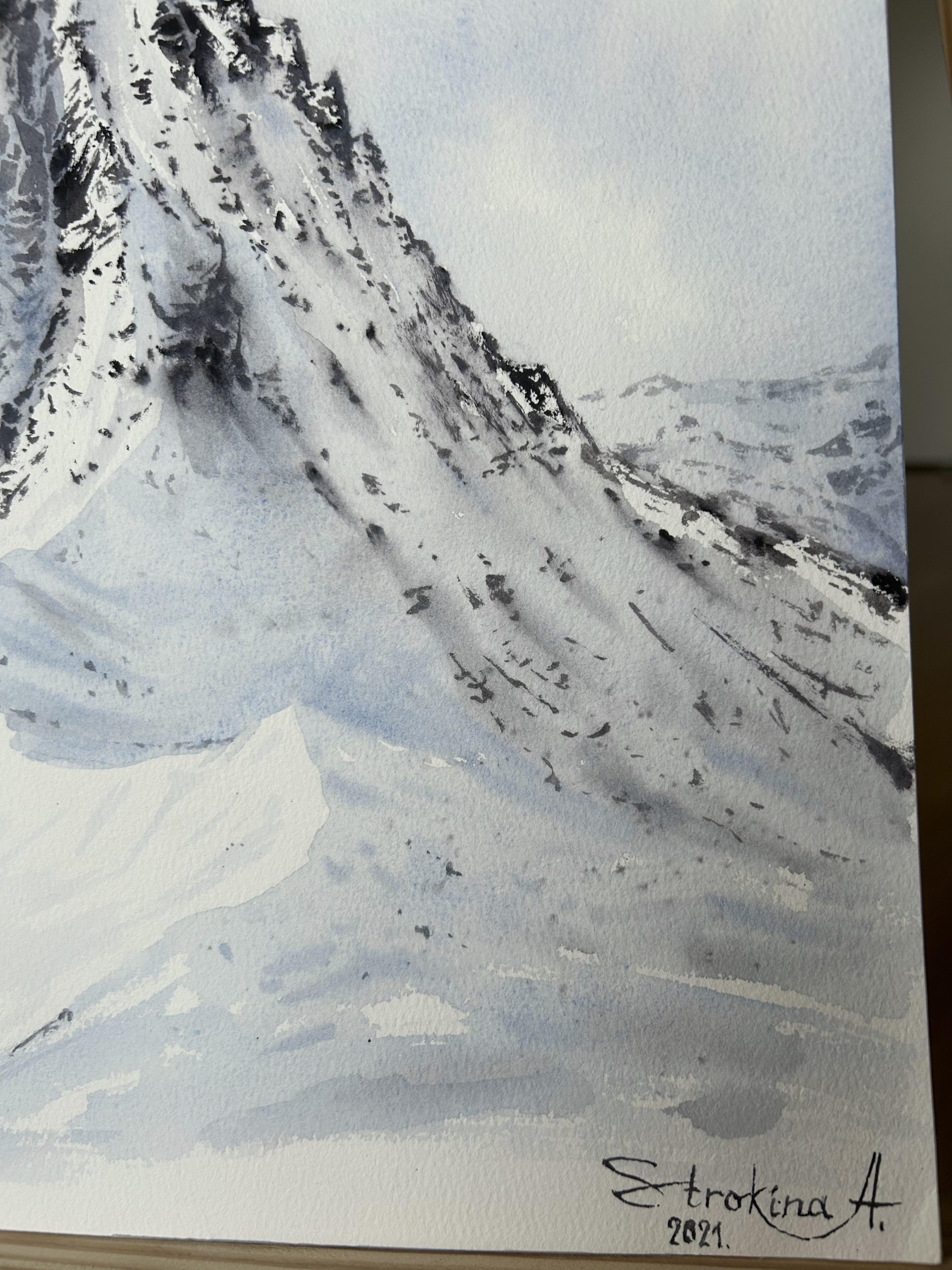 Pintura de paisaje de montaña invernal. Nieve, blanco, azul, vertical, alpes en venta 7