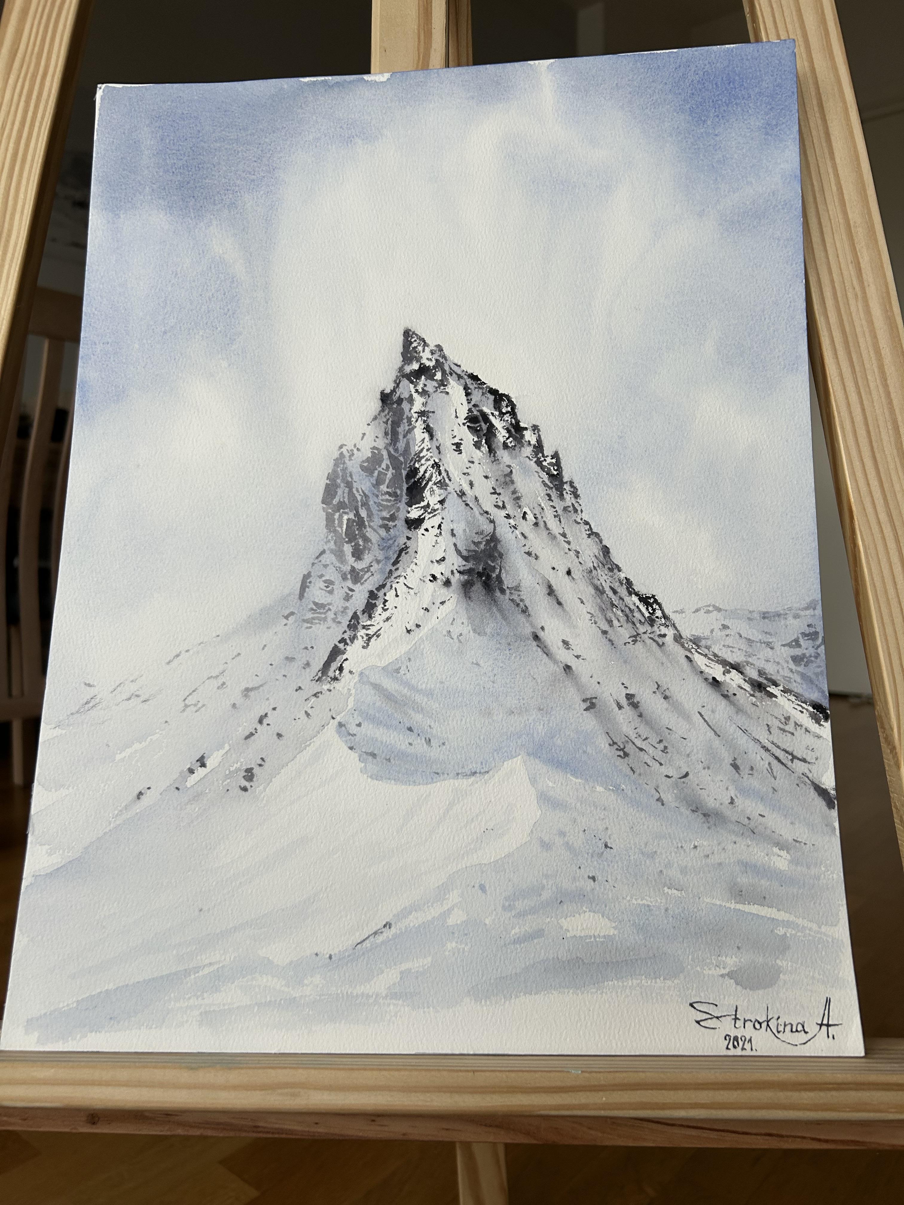 Pintura de paisaje de montaña invernal. Nieve, blanco, azul, vertical, alpes - Art de Aleksandra Strokina