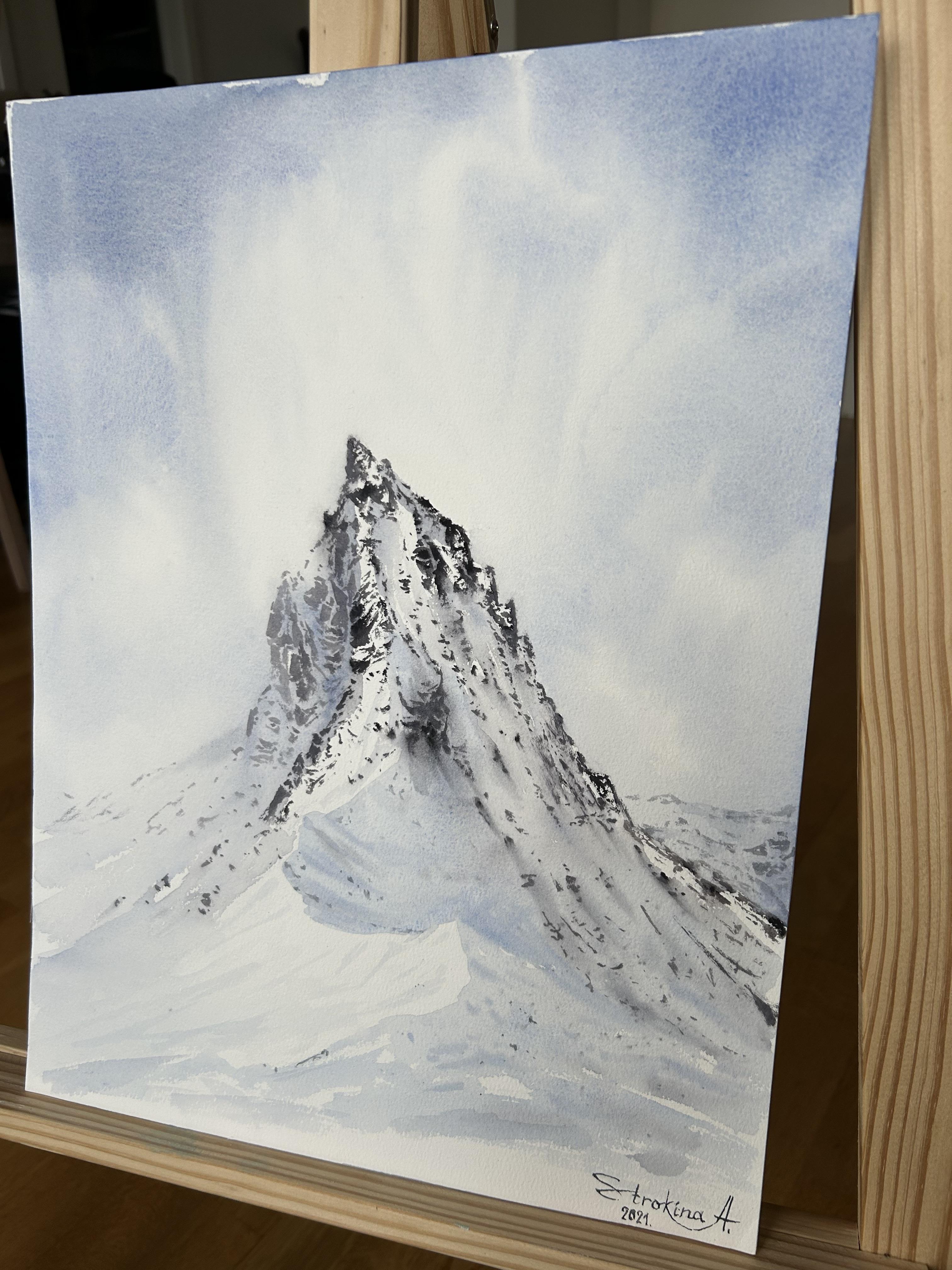 Pintura de paisaje de montaña invernal. Nieve, blanco, azul, vertical, alpes - Art Realista de Aleksandra Strokina