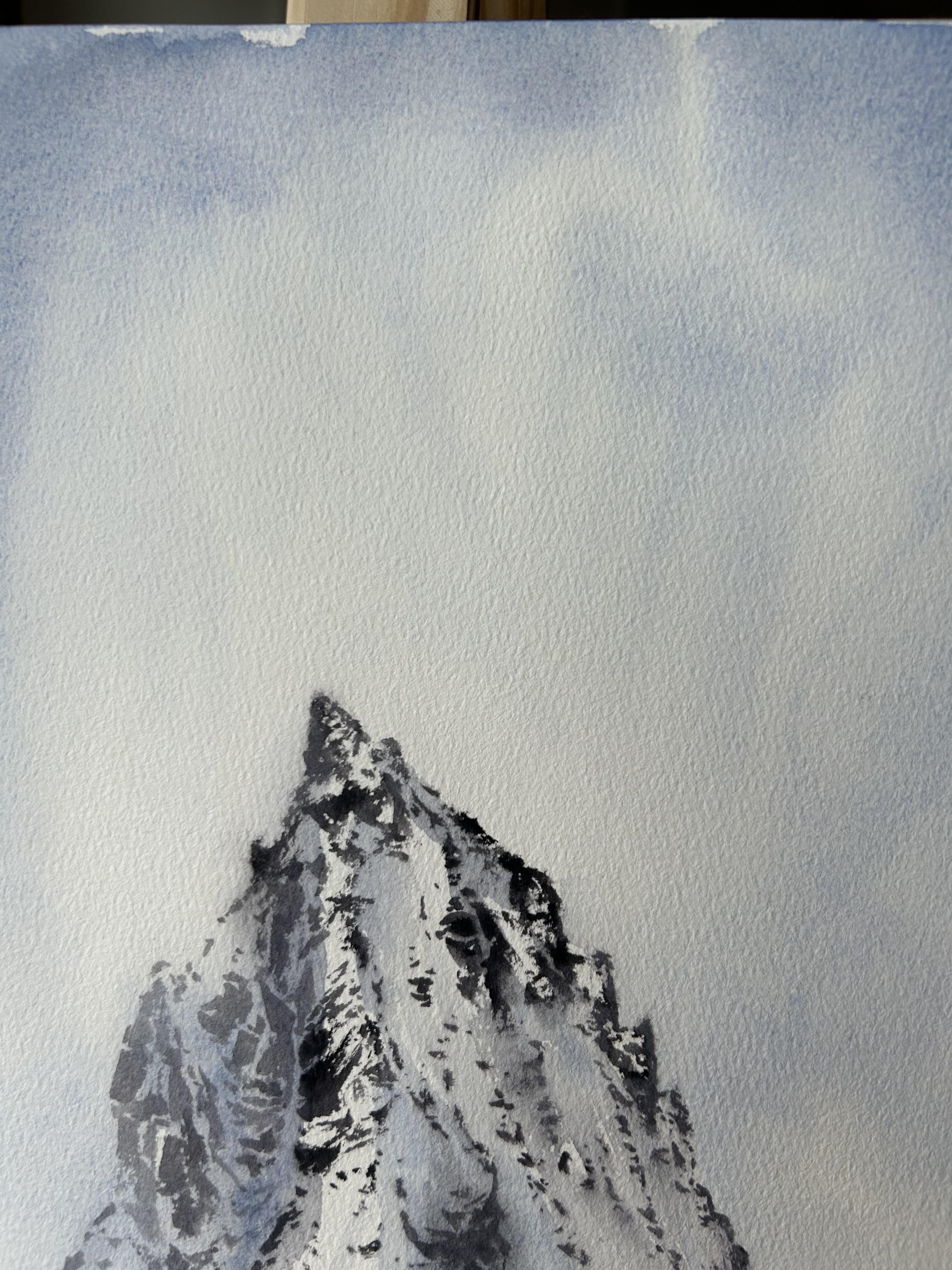 Pintura de paisaje de montaña invernal. Nieve, blanco, azul, vertical, alpes en venta 1