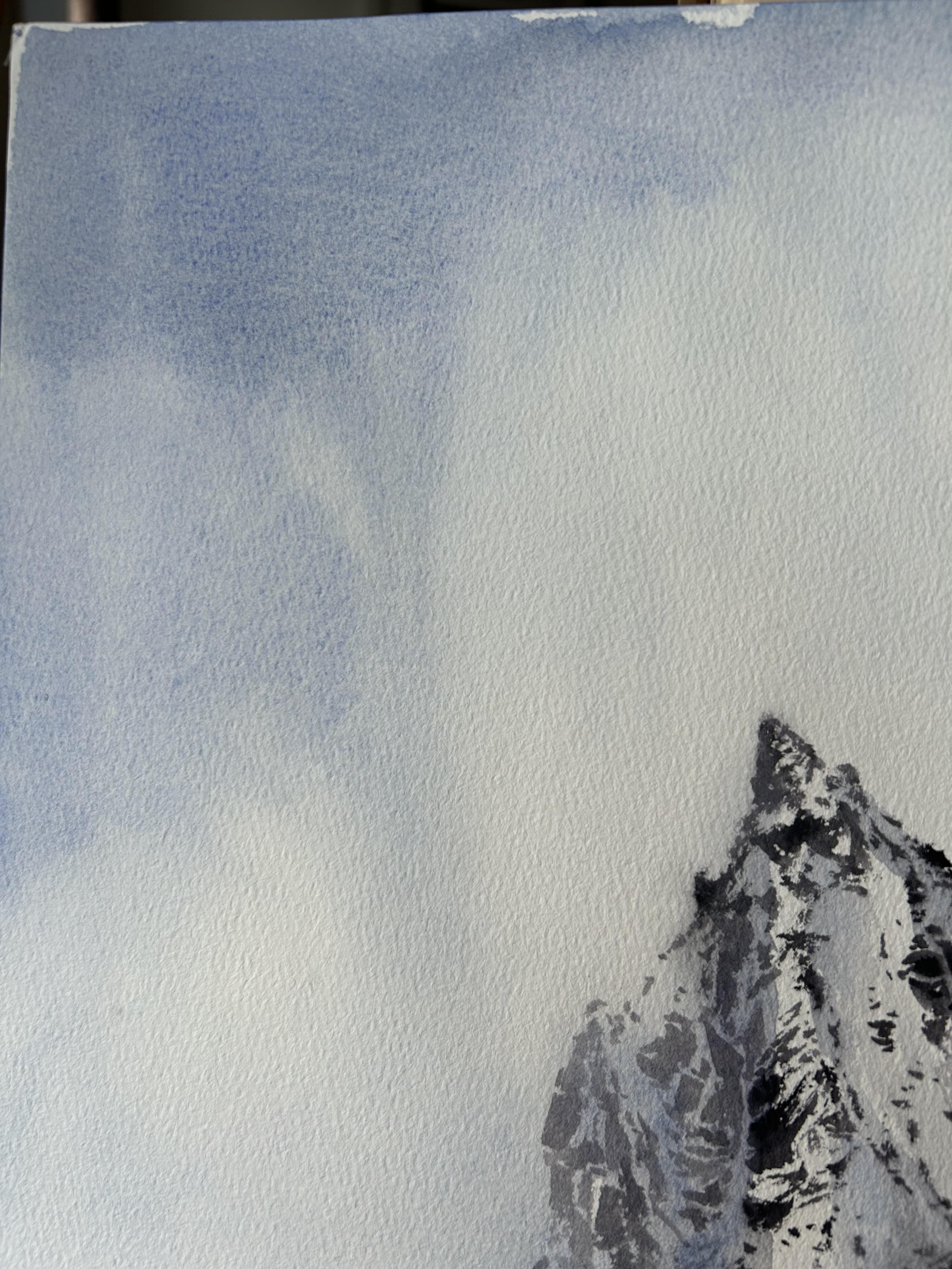 Pintura de paisaje de montaña invernal. Nieve, blanco, azul, vertical, alpes en venta 2
