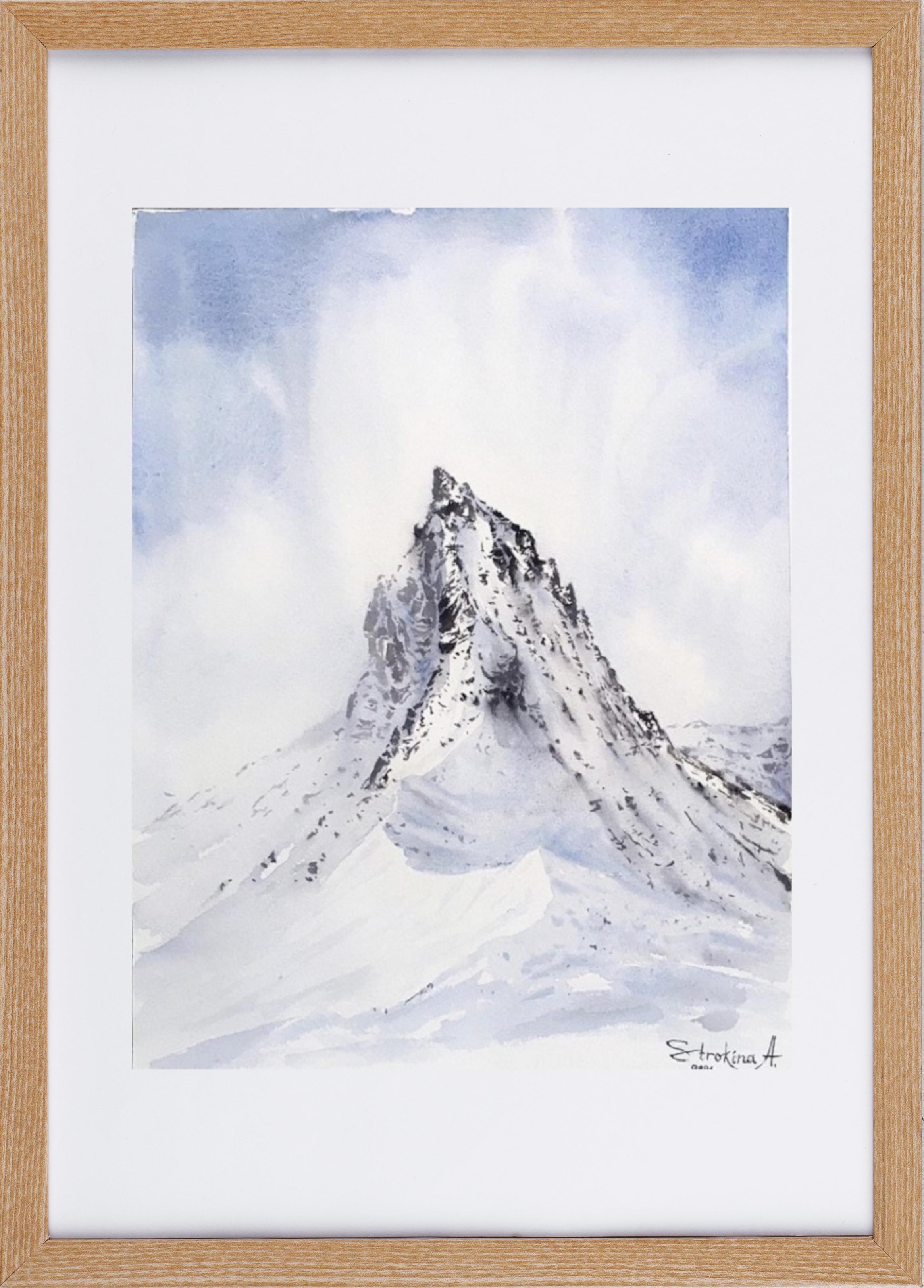 Pintura de paisaje de montaña invernal. Nieve, blanco, azul, vertical, alpes en venta 3